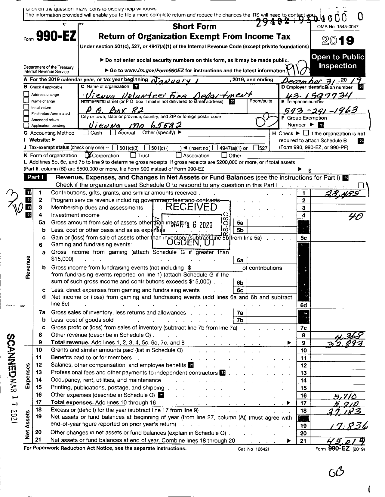 Image of first page of 2019 Form 990EZ for Vienna Volunteer Fire Department