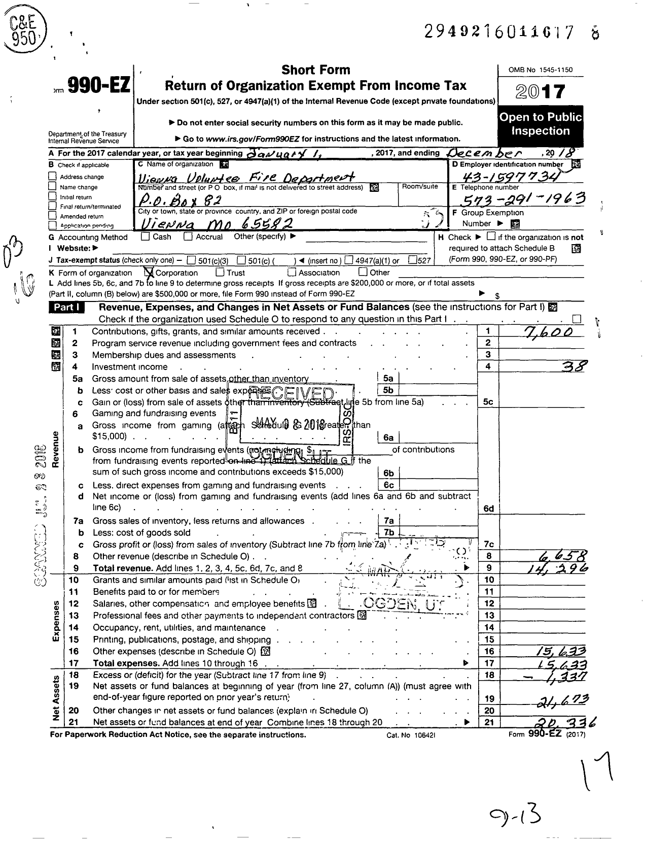 Image of first page of 2018 Form 990EZ for Vienna Volunteer Fire Department