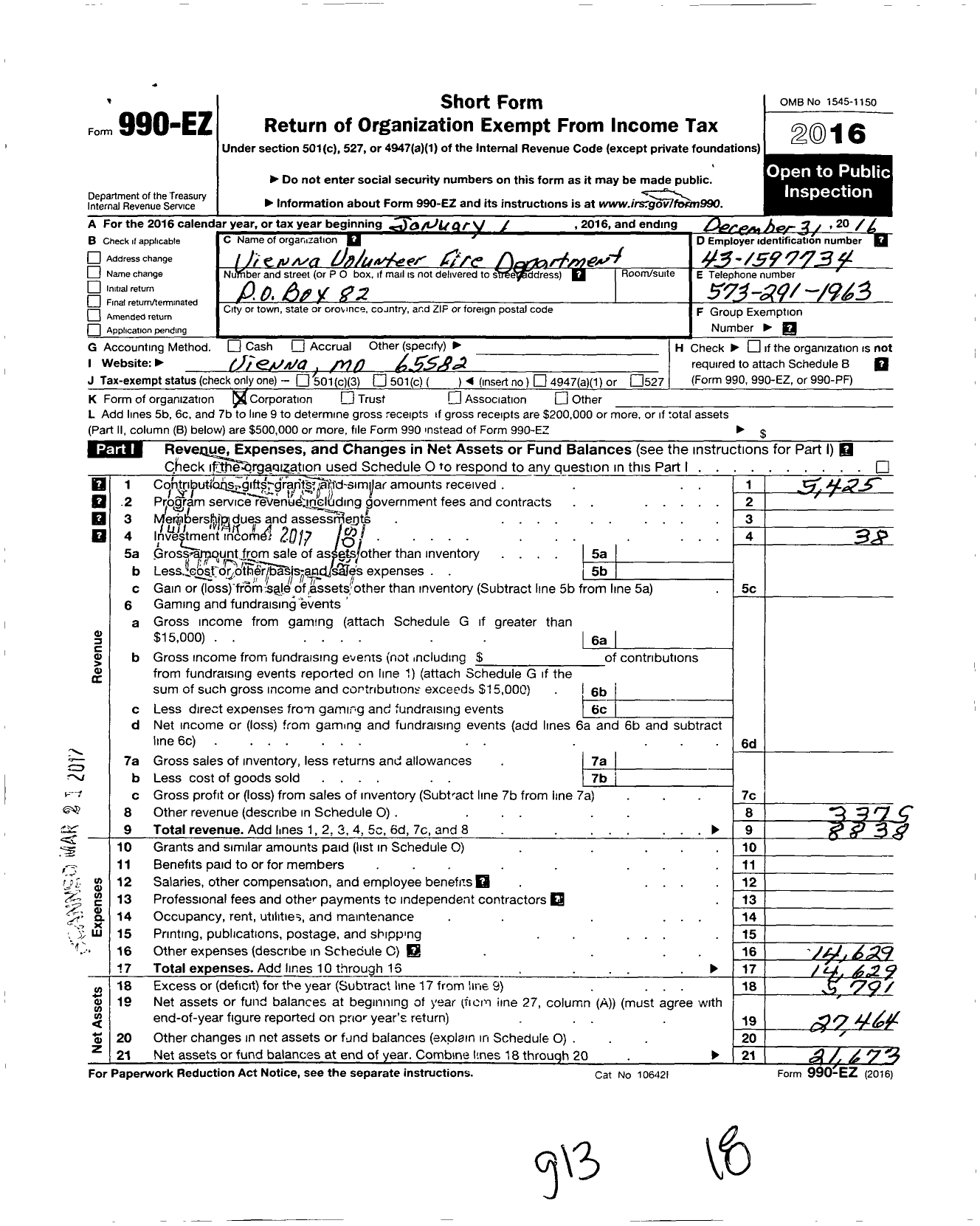 Image of first page of 2016 Form 990EO for Vienna Volunteer Fire Department