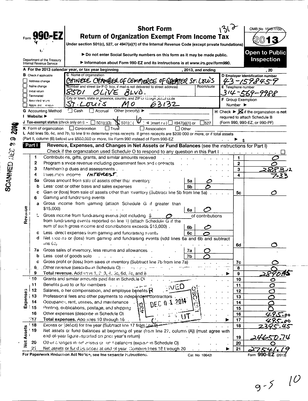 Image of first page of 2013 Form 990EO for Chinese Chamber of Commerce of Greater St Louis