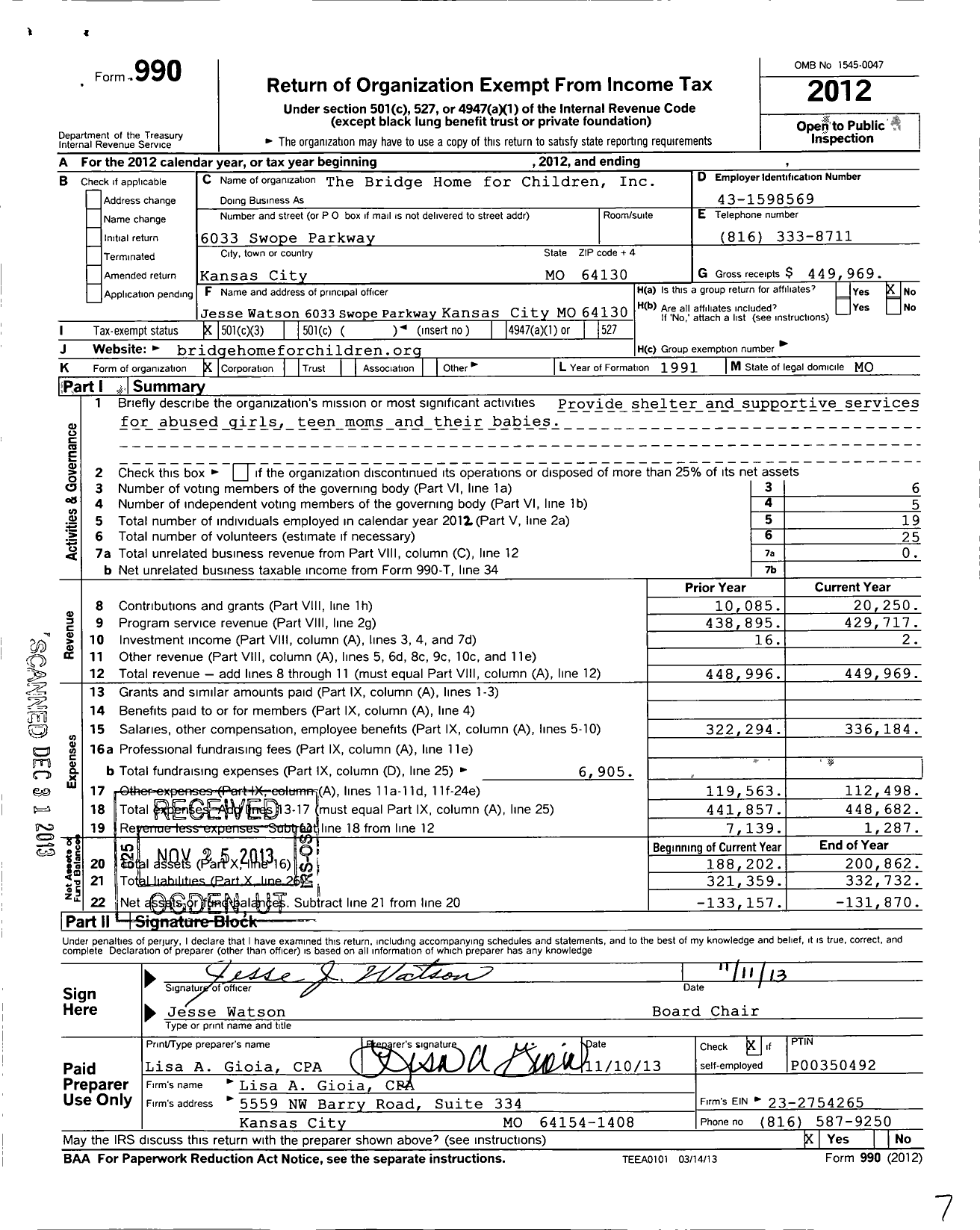 Image of first page of 2012 Form 990 for Bridge Home for Children