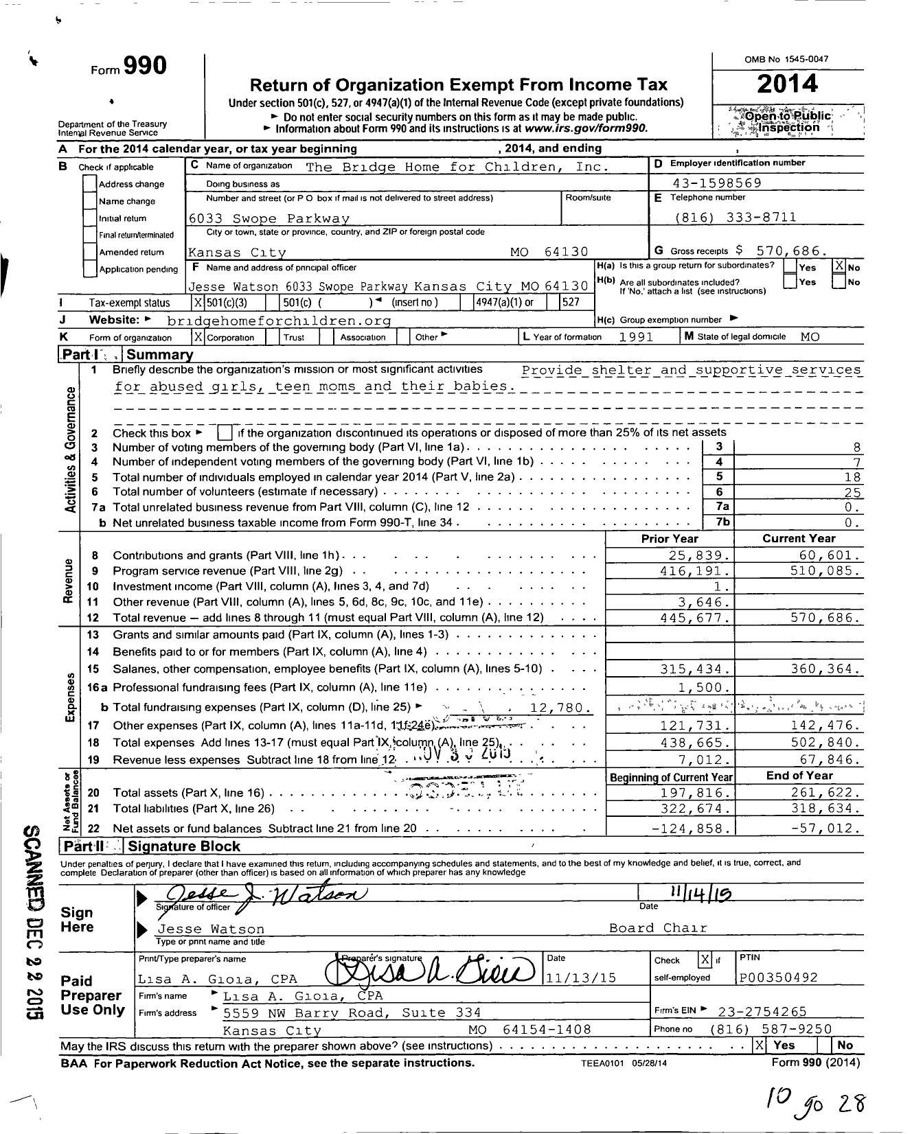 Image of first page of 2014 Form 990 for Bridge Home for Children