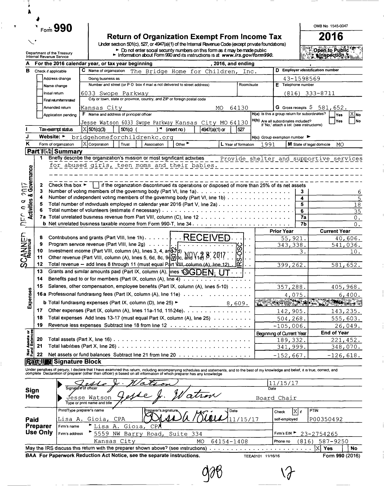 Image of first page of 2016 Form 990 for Bridge Home for Children