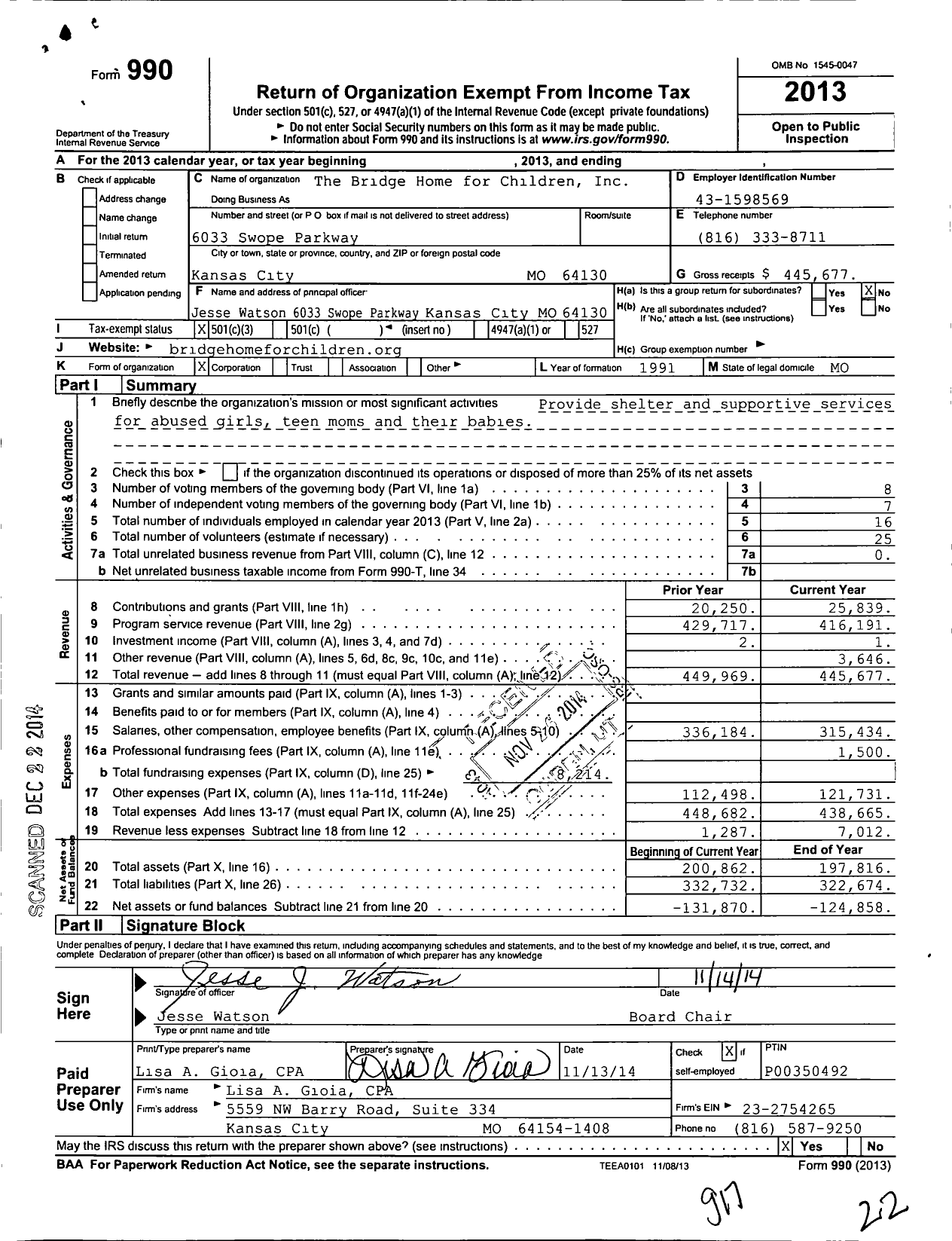 Image of first page of 2013 Form 990 for Bridge Home for Children