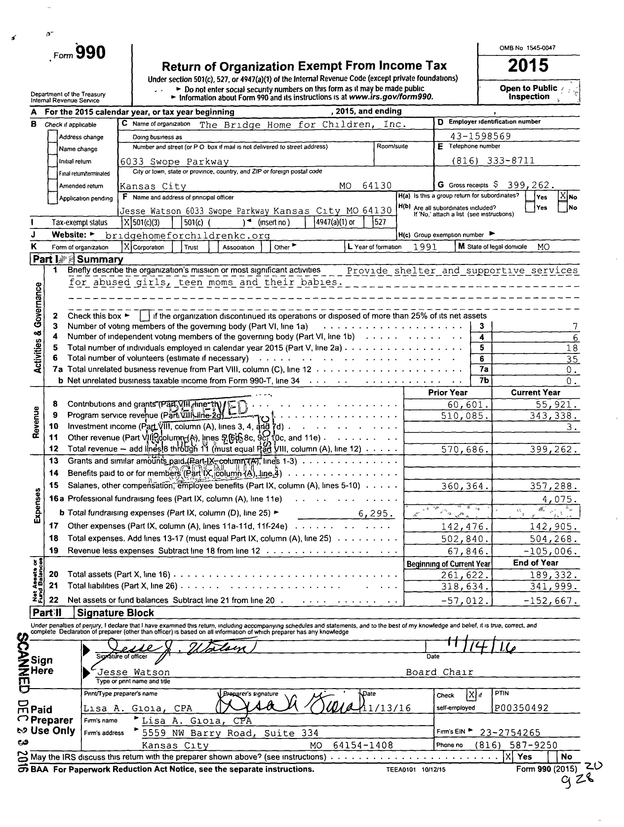 Image of first page of 2015 Form 990 for Bridge Home for Children