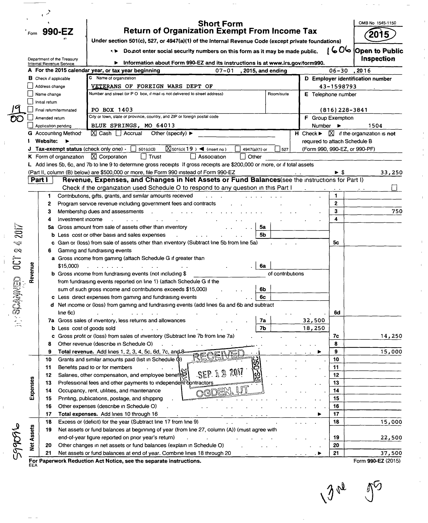 Image of first page of 2015 Form 990EO for VFW Missouri - 30 VFW Post