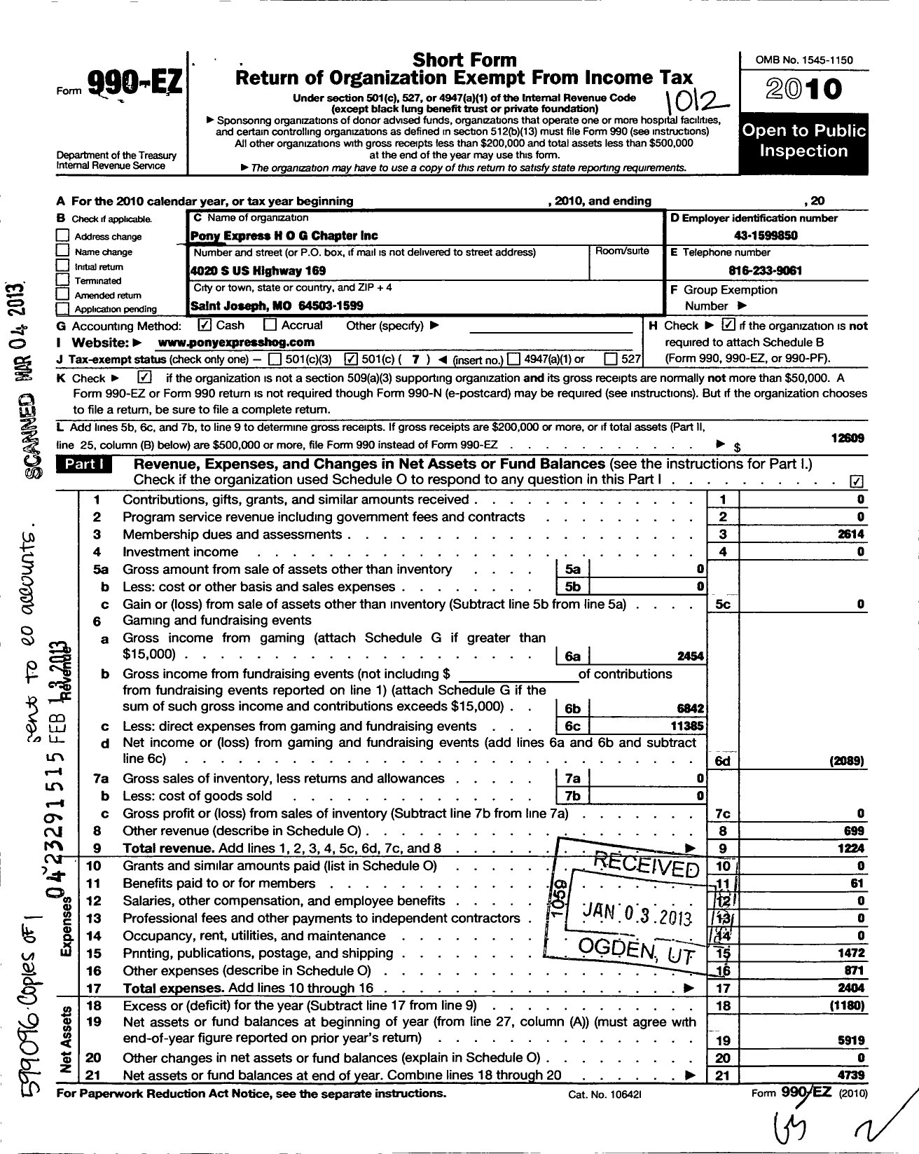 Image of first page of 2010 Form 990EO for Pony Express H O G Chapter