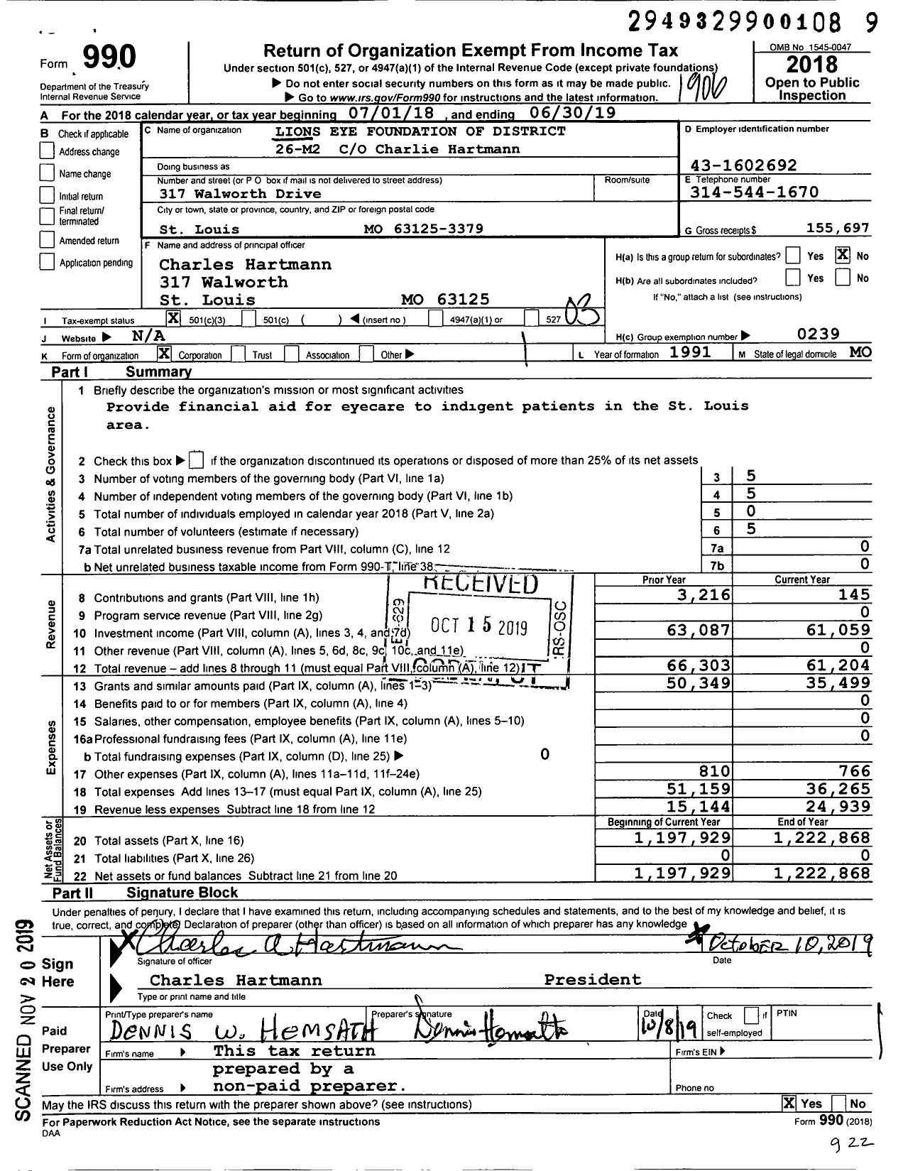 Image of first page of 2018 Form 990 for Lions Eye Foundation of District 26-m2 Leon Hove