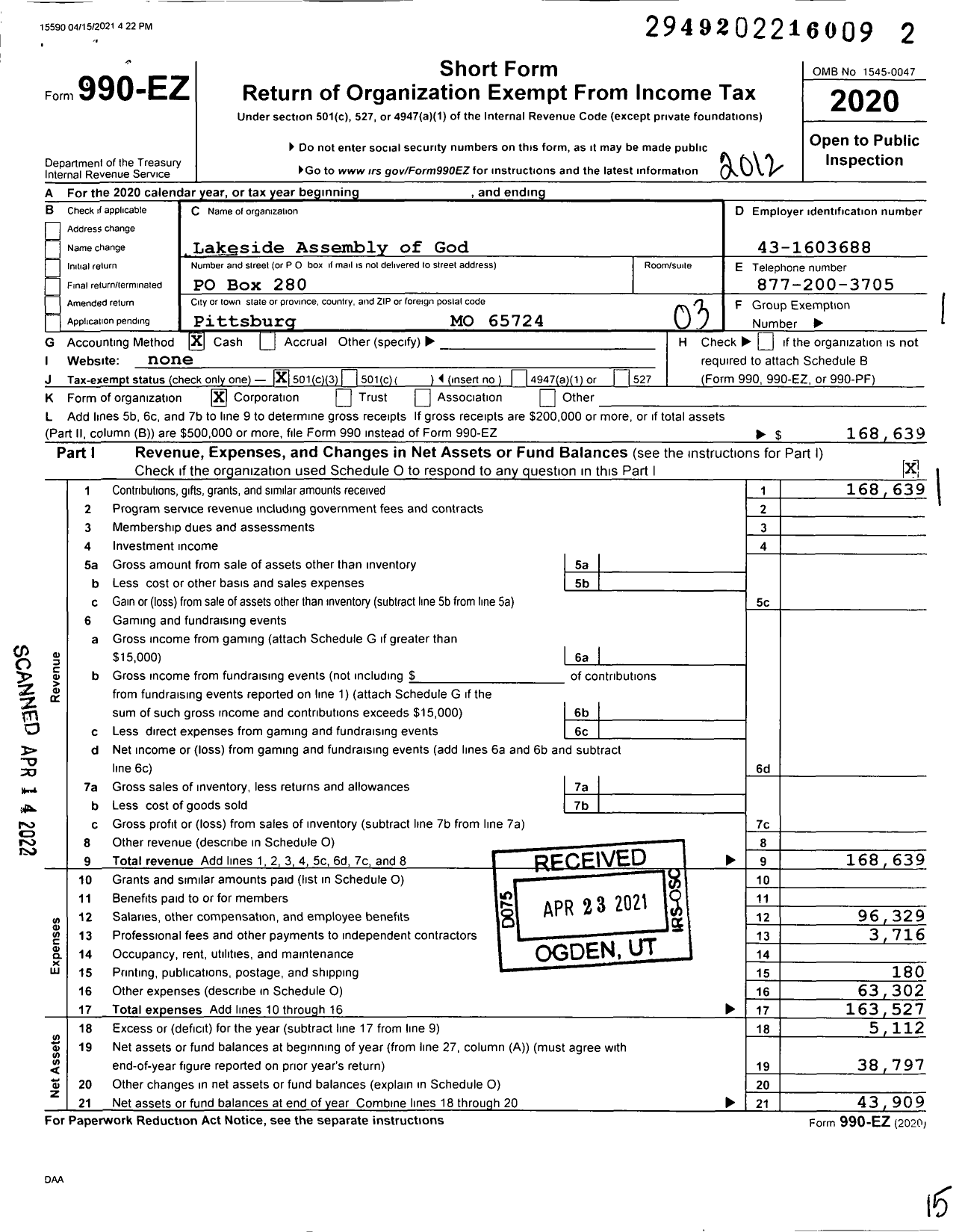 Image of first page of 2020 Form 990EZ for Lakeside Assembly of God