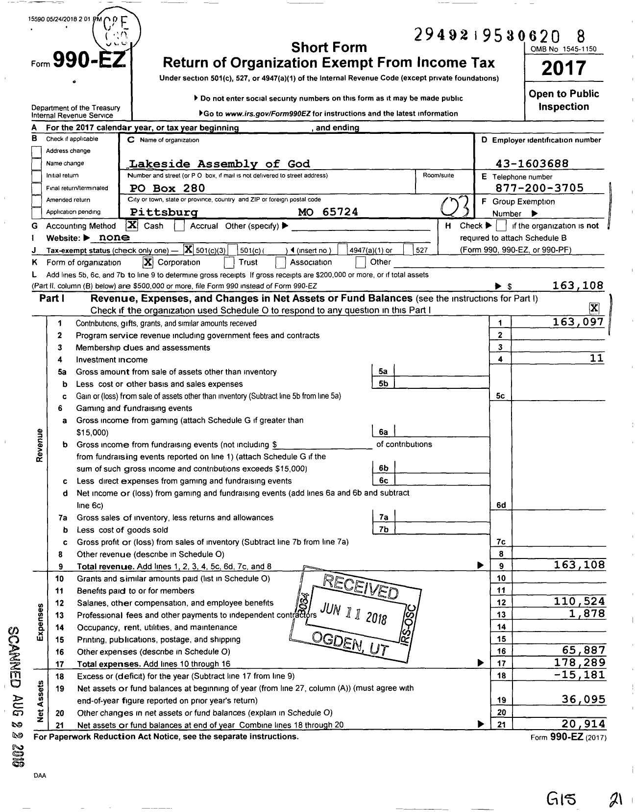 Image of first page of 2017 Form 990EZ for Lakeside Assembly of God