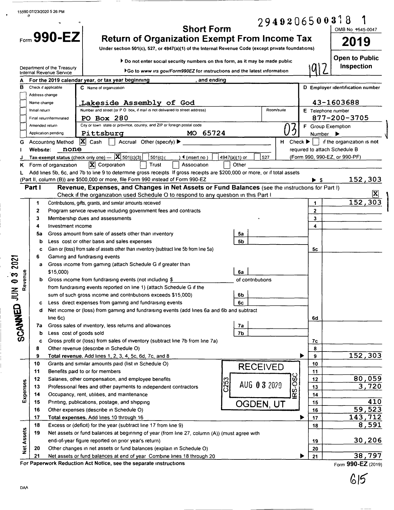 Image of first page of 2019 Form 990EZ for Lakeside Assembly of God