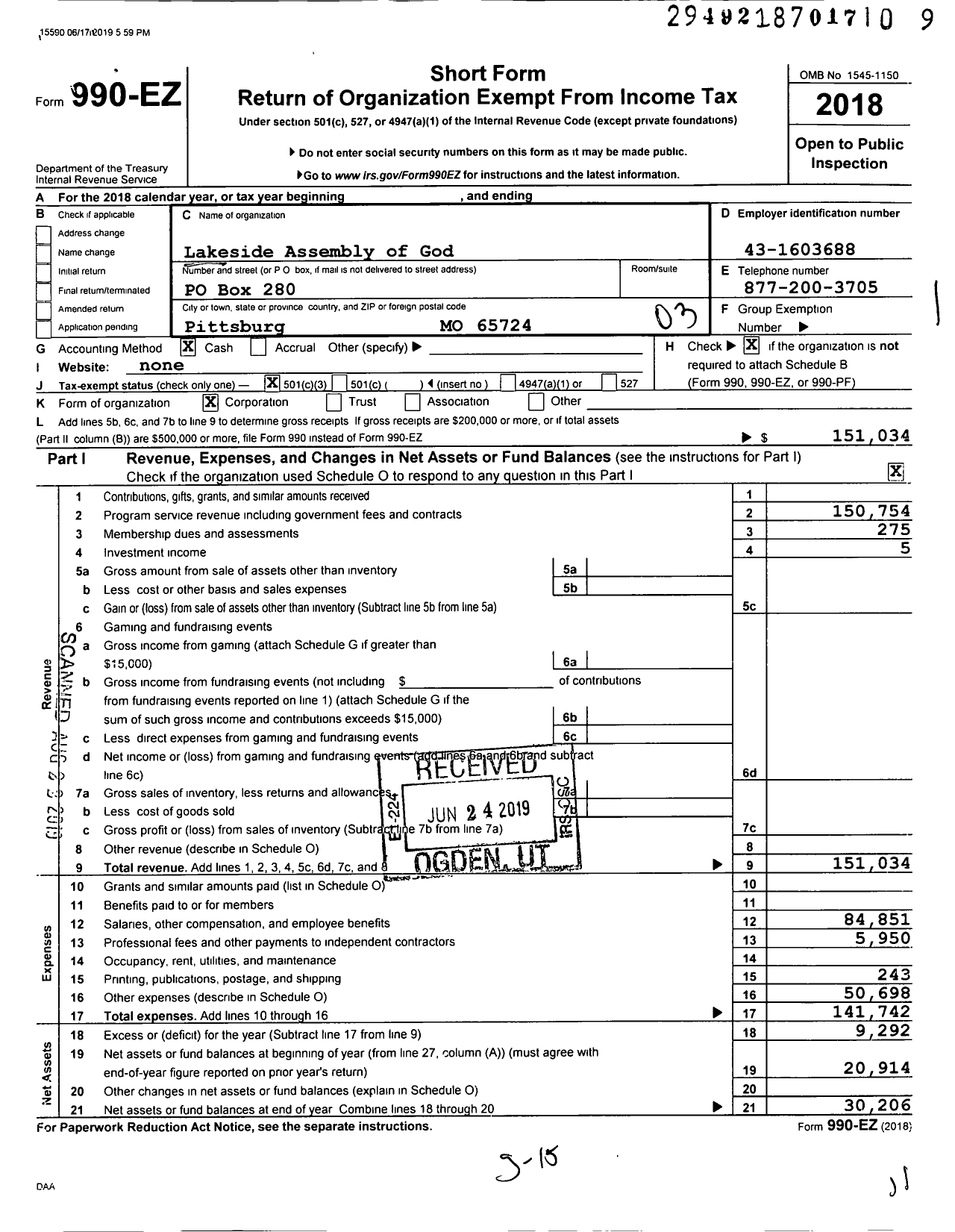 Image of first page of 2018 Form 990EZ for Lakeside Assembly of God