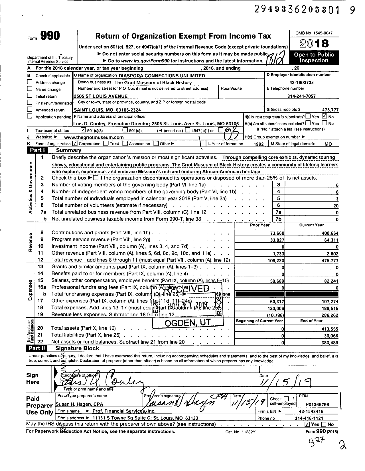 Image of first page of 2018 Form 990 for The Griot Museum of Black History