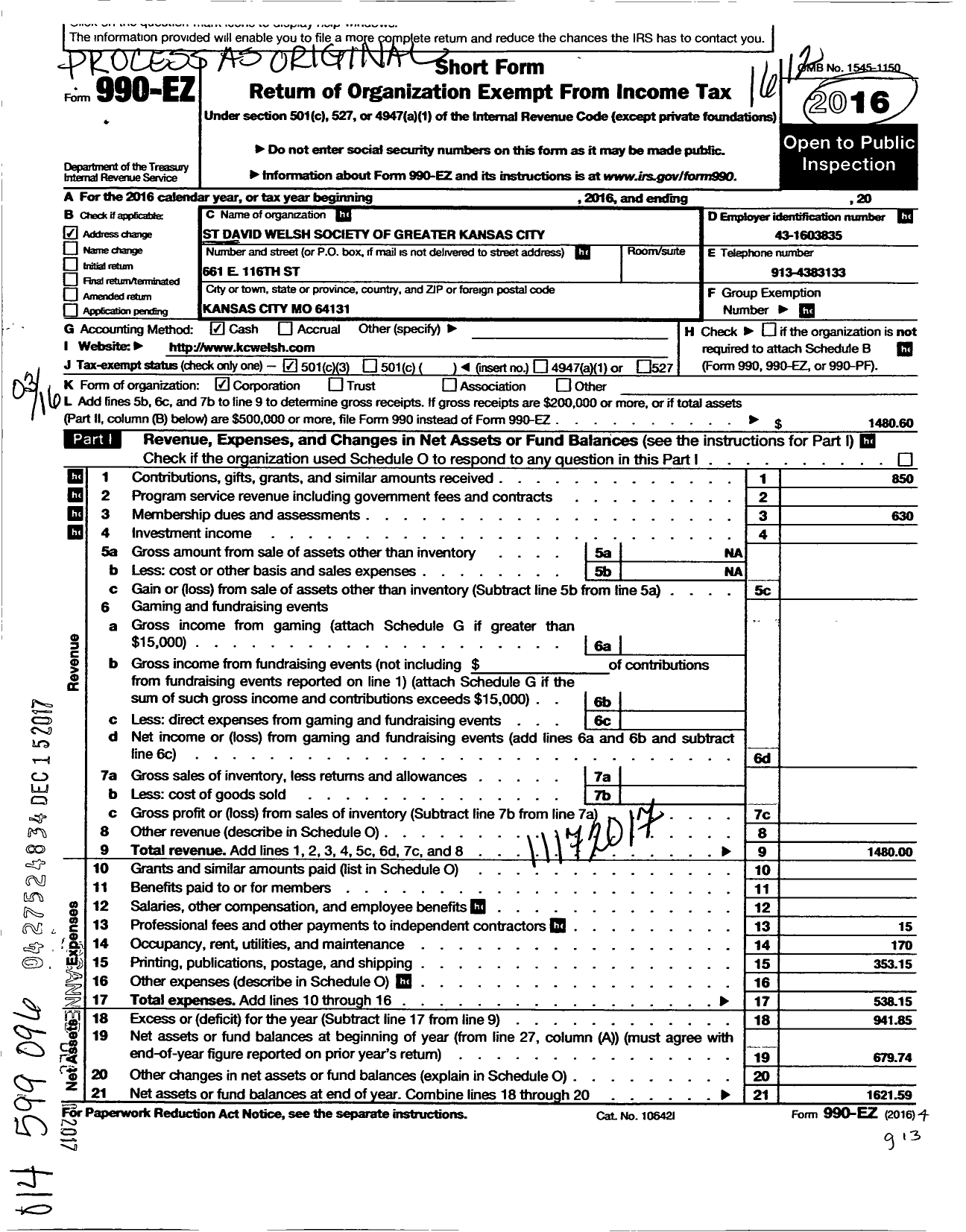 Image of first page of 2016 Form 990EZ for St David Welsh Society of Greater Kansas City