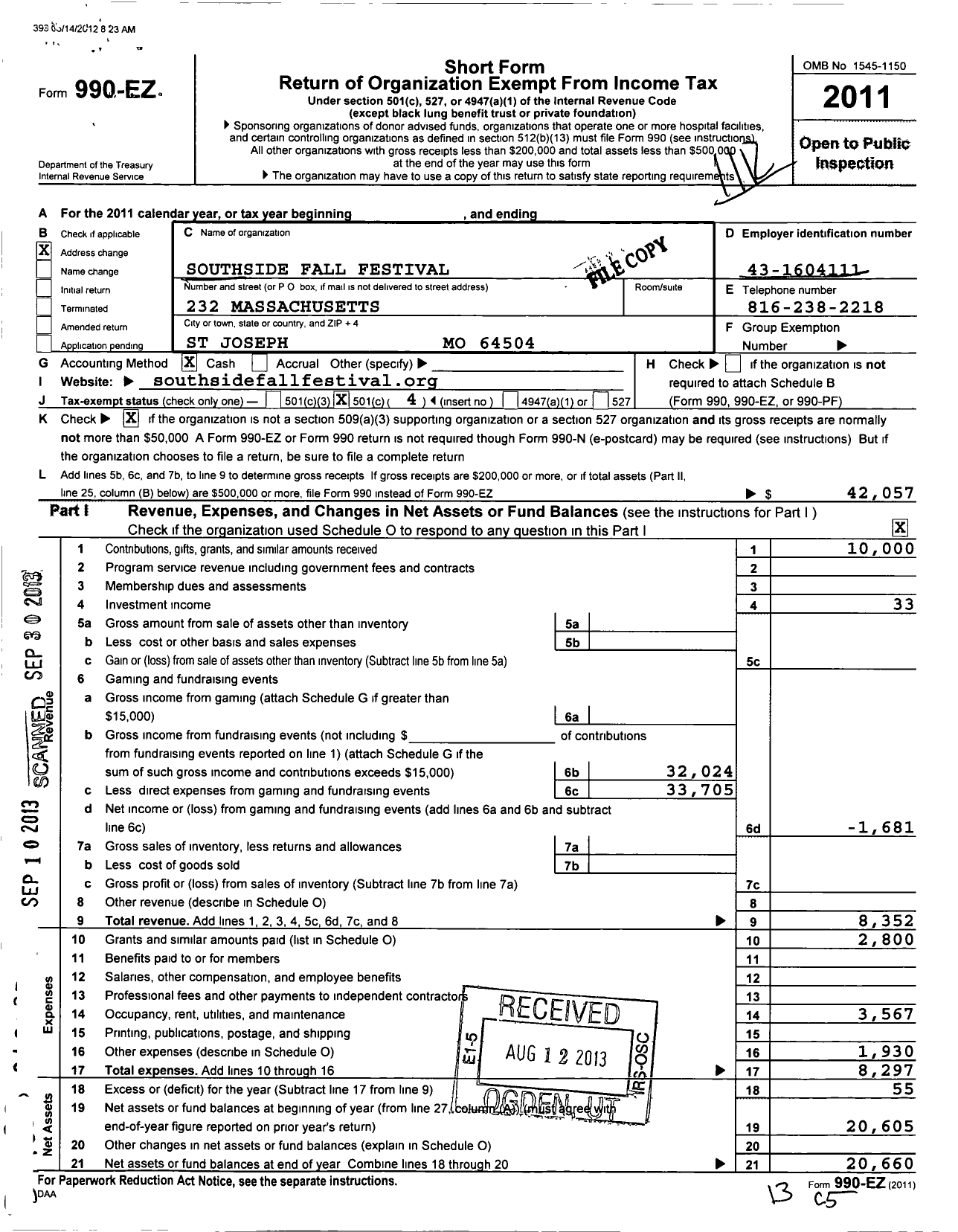 Image of first page of 2011 Form 990EO for Southside Side Fall Festival