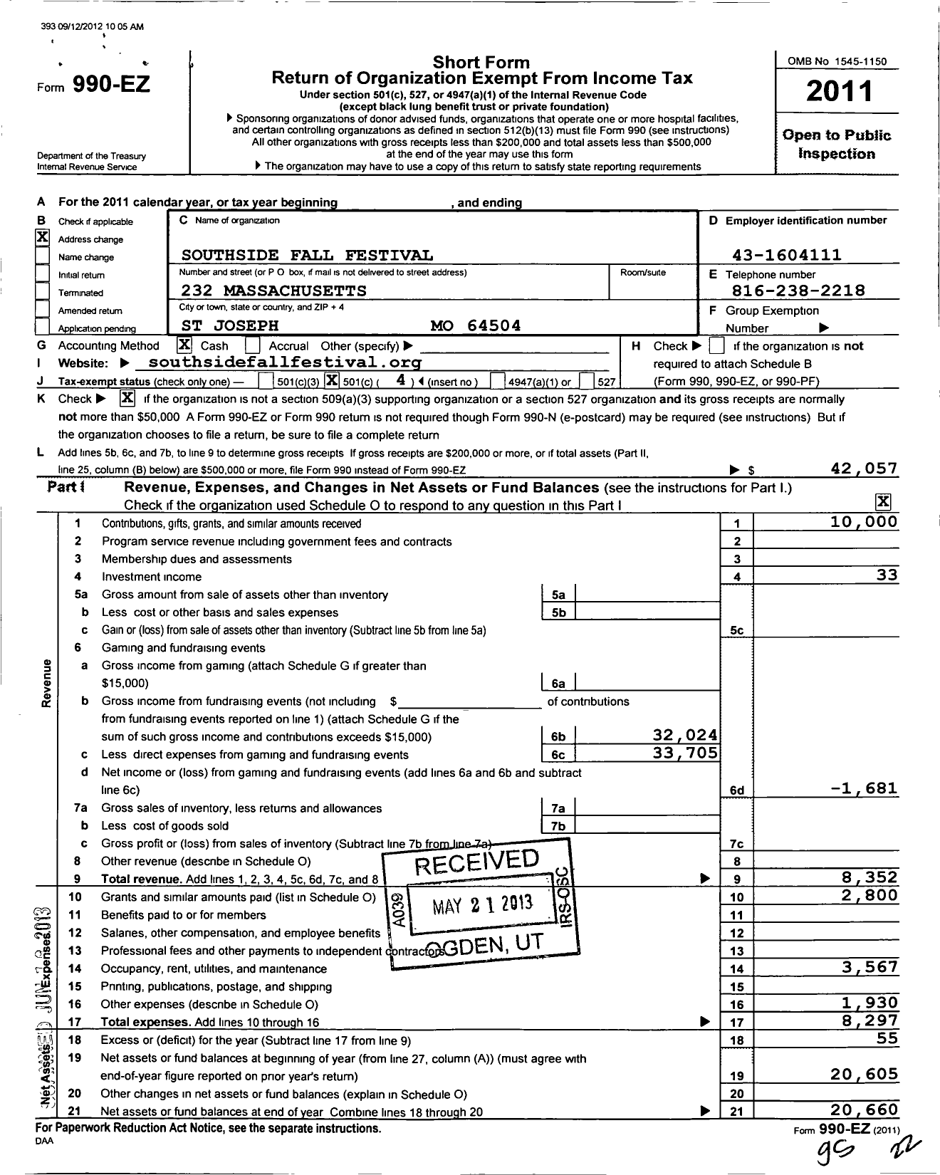 Image of first page of 2011 Form 990EO for Southside Side Fall Festival