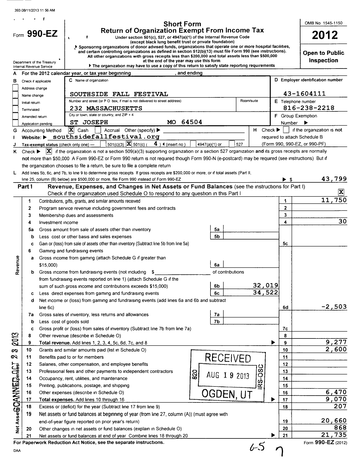 Image of first page of 2012 Form 990EO for Southside Side Fall Festival