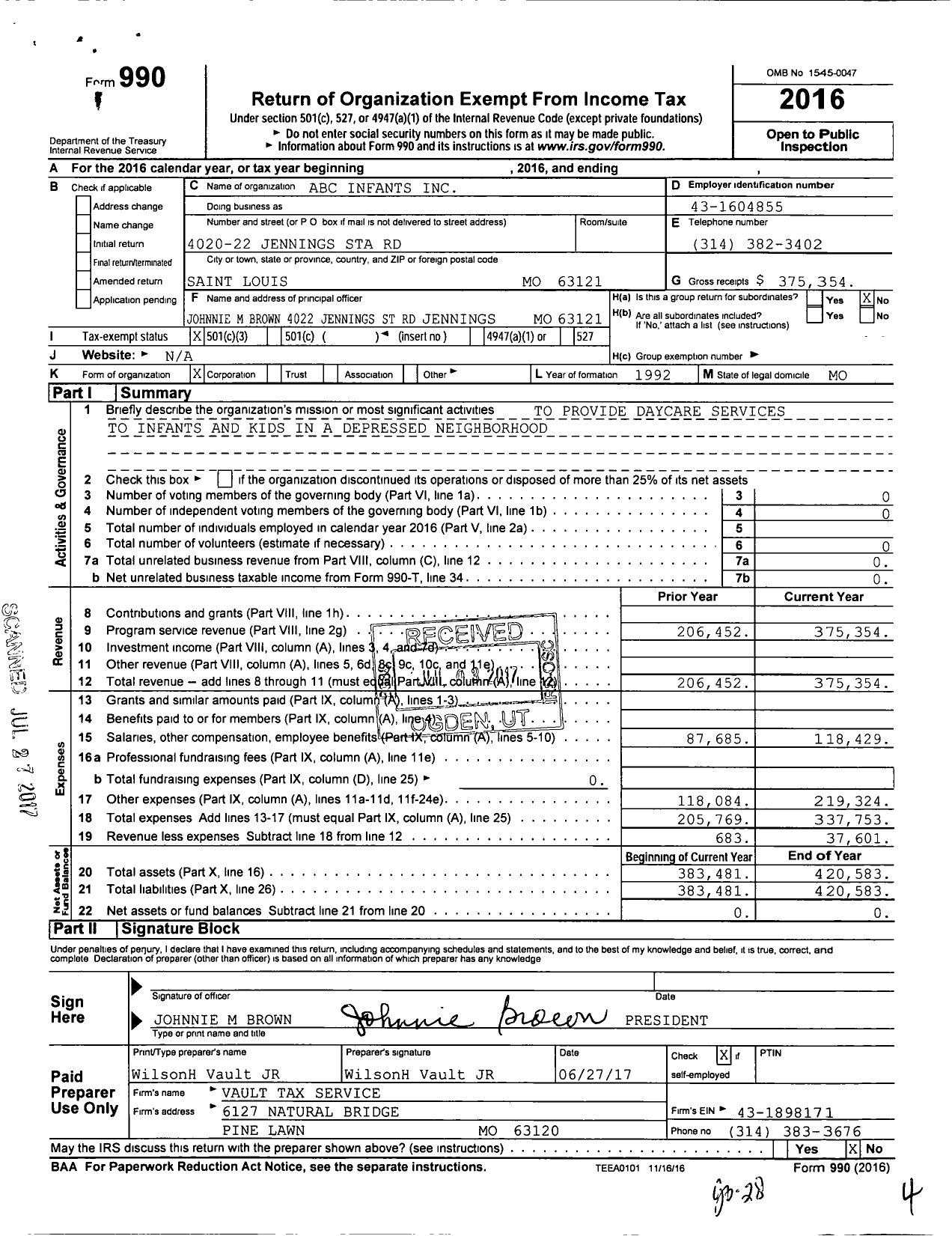 Image of first page of 2016 Form 990 for Abc Infants