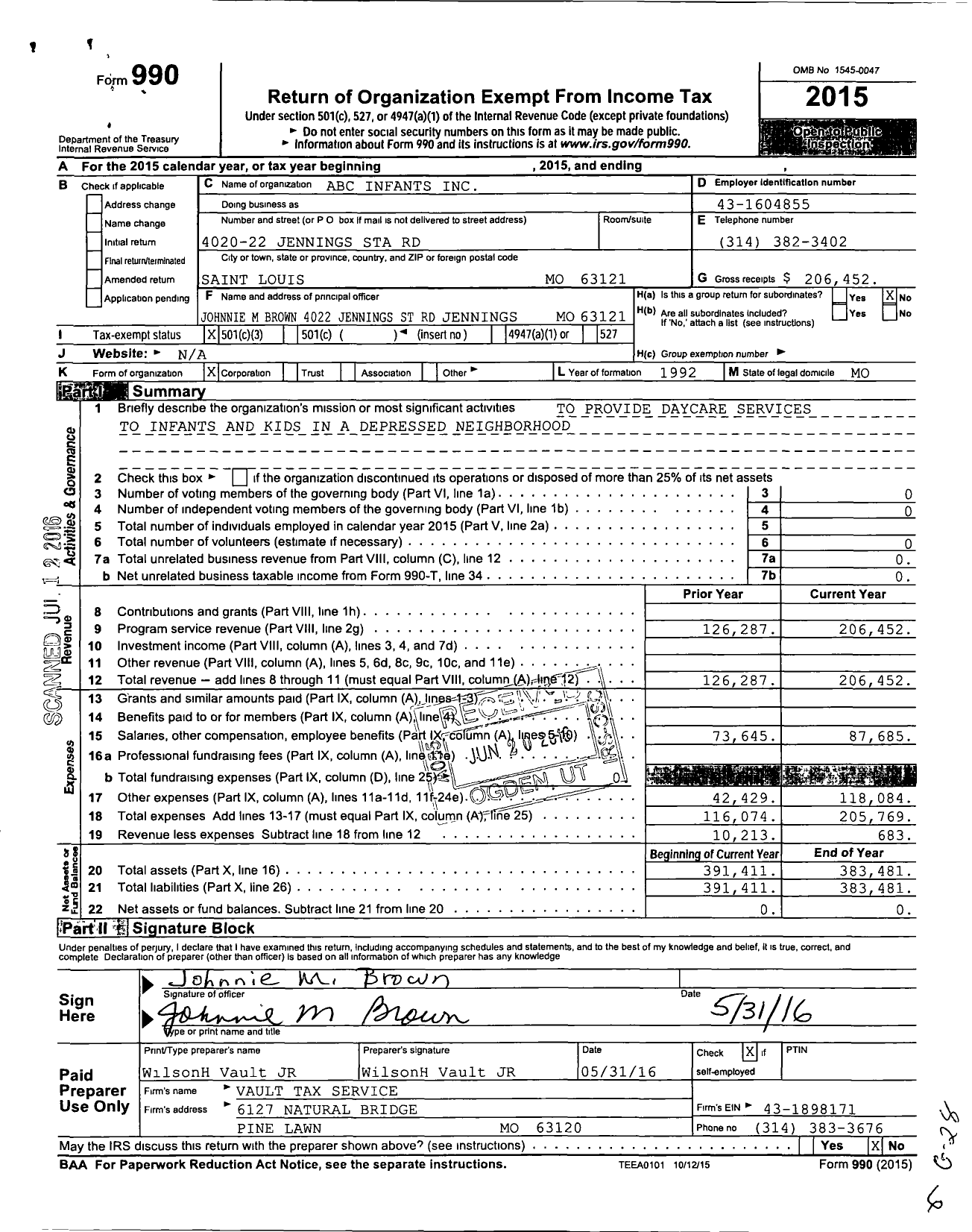 Image of first page of 2015 Form 990 for Abc Infants