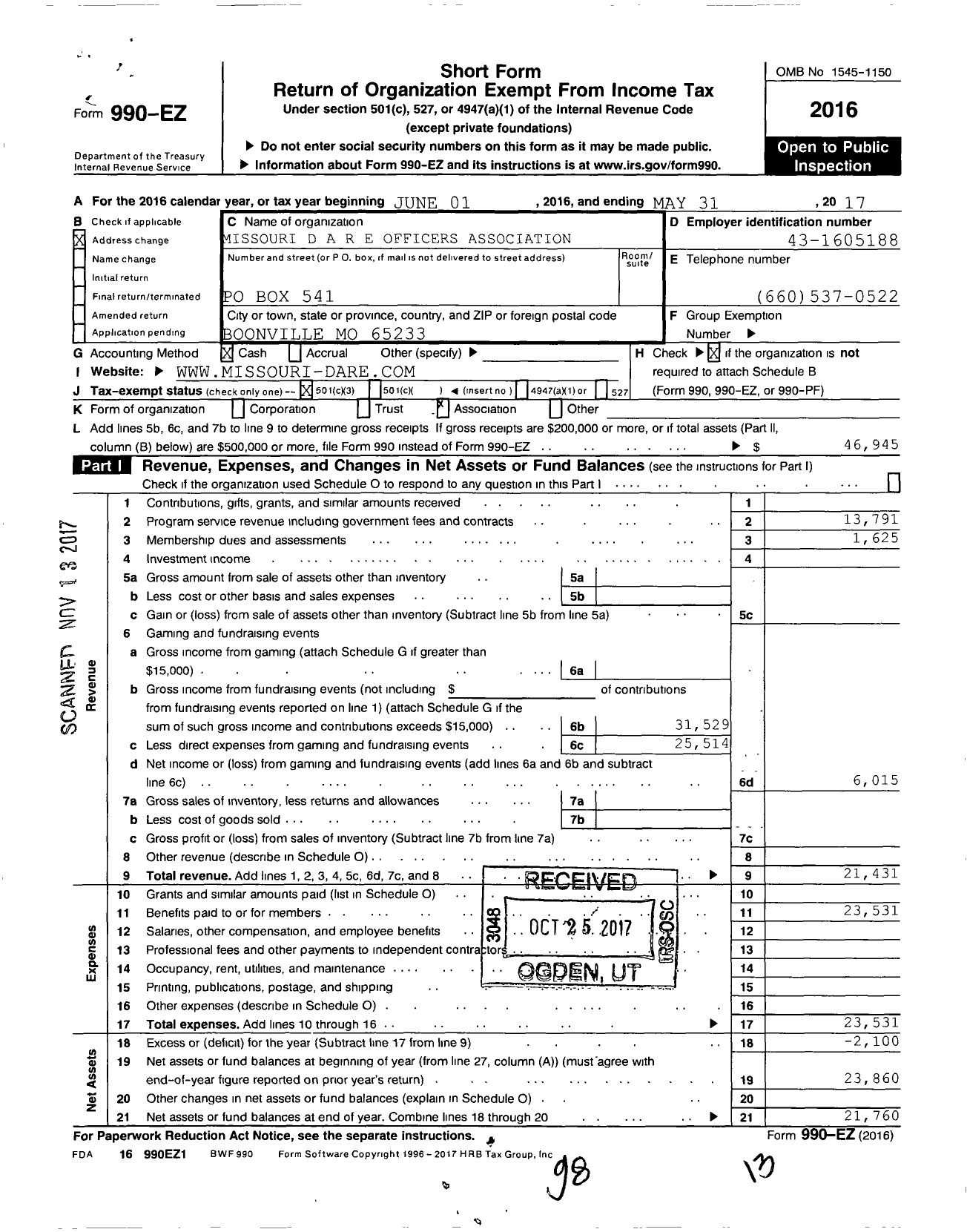 Image of first page of 2016 Form 990EZ for Missouri D A R E Officers Association