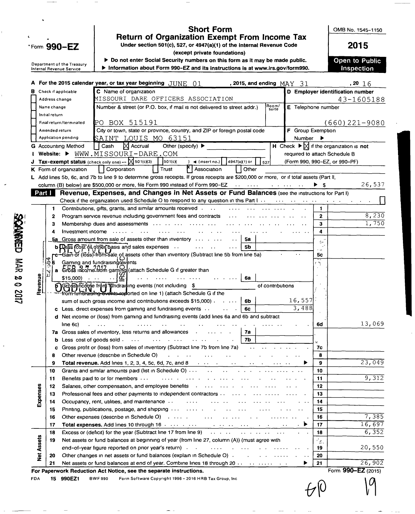 Image of first page of 2015 Form 990EZ for Missouri D A R E Officers Association