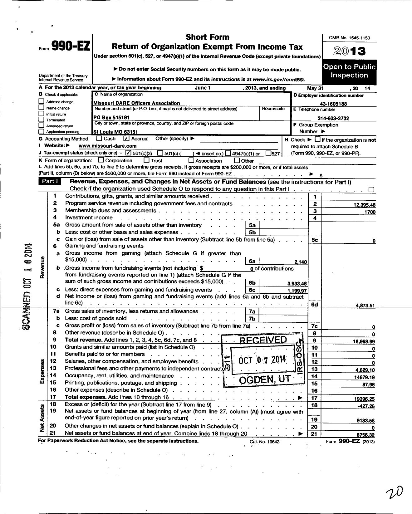 Image of first page of 2013 Form 990EZ for Missouri D A R E Officers Association