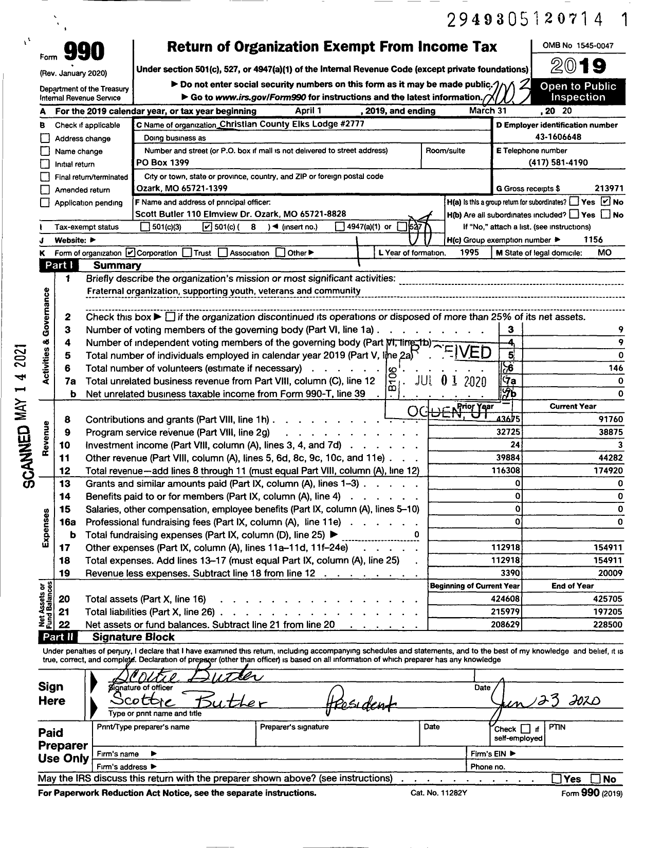 Image of first page of 2019 Form 990O for Benevolent and Protective Order of Elks - 2777 Christian County