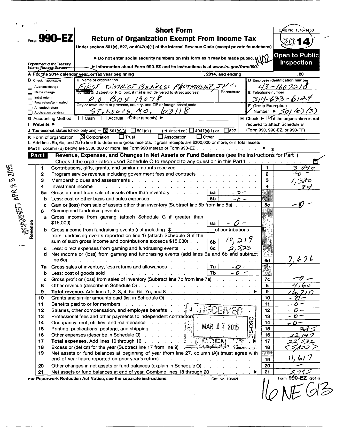 Image of first page of 2013 Form 990EZ for First District Business Partnership