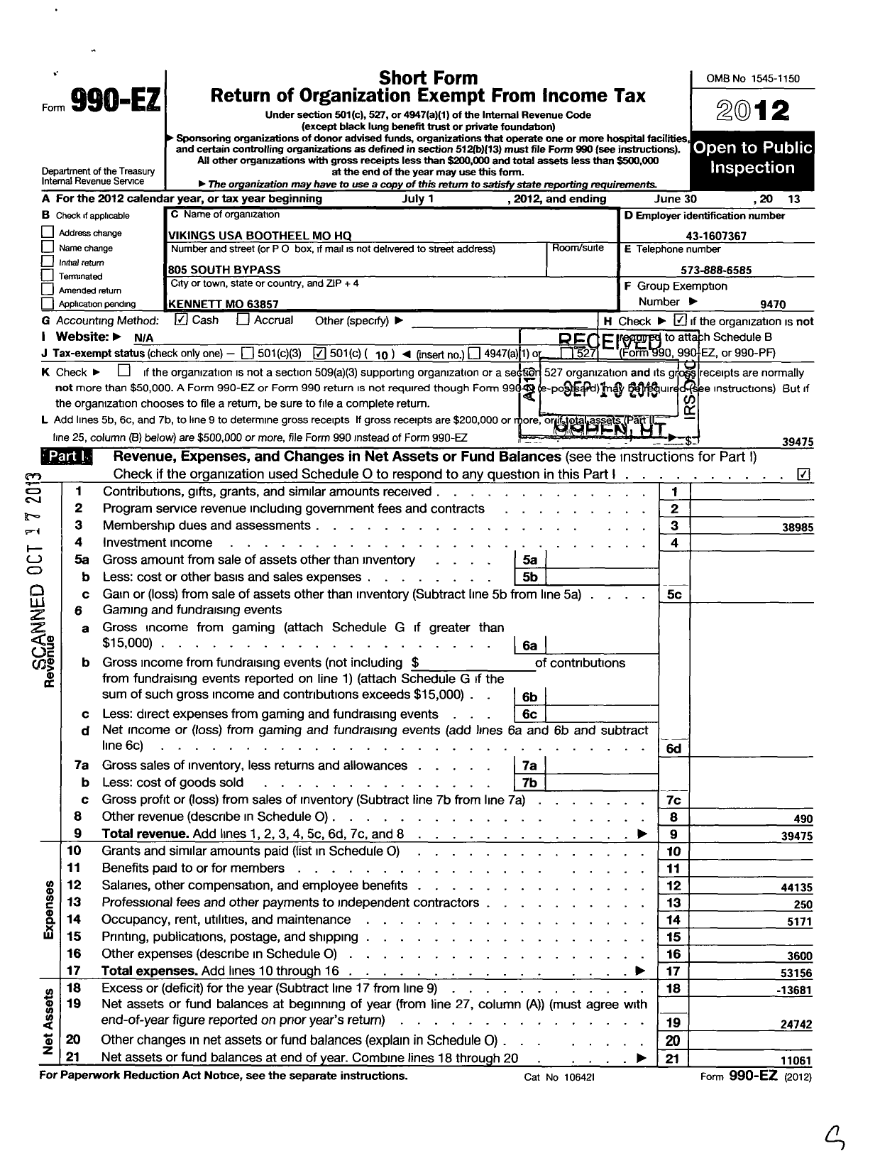 Image of first page of 2012 Form 990EO for Vikings USA Bootheel Mo HQ