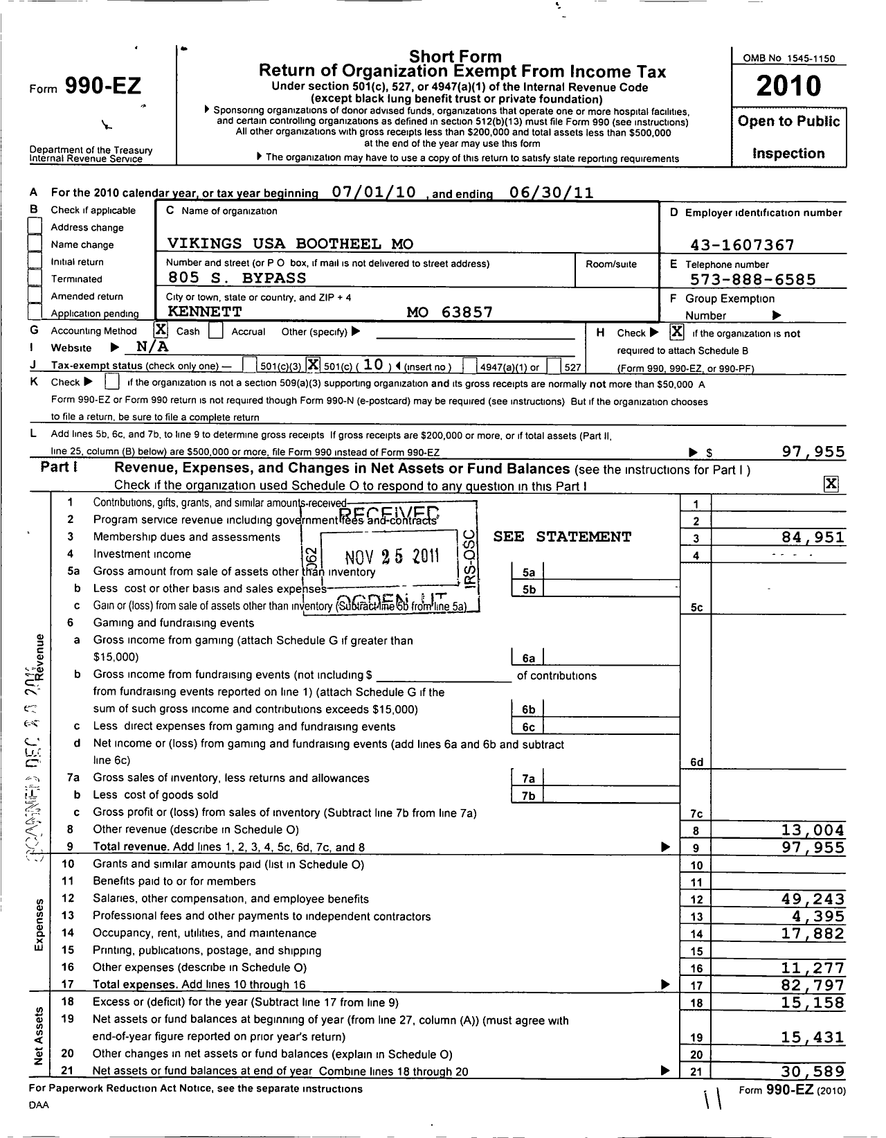 Image of first page of 2010 Form 990EO for Vikings USA Bootheel Mo HQ