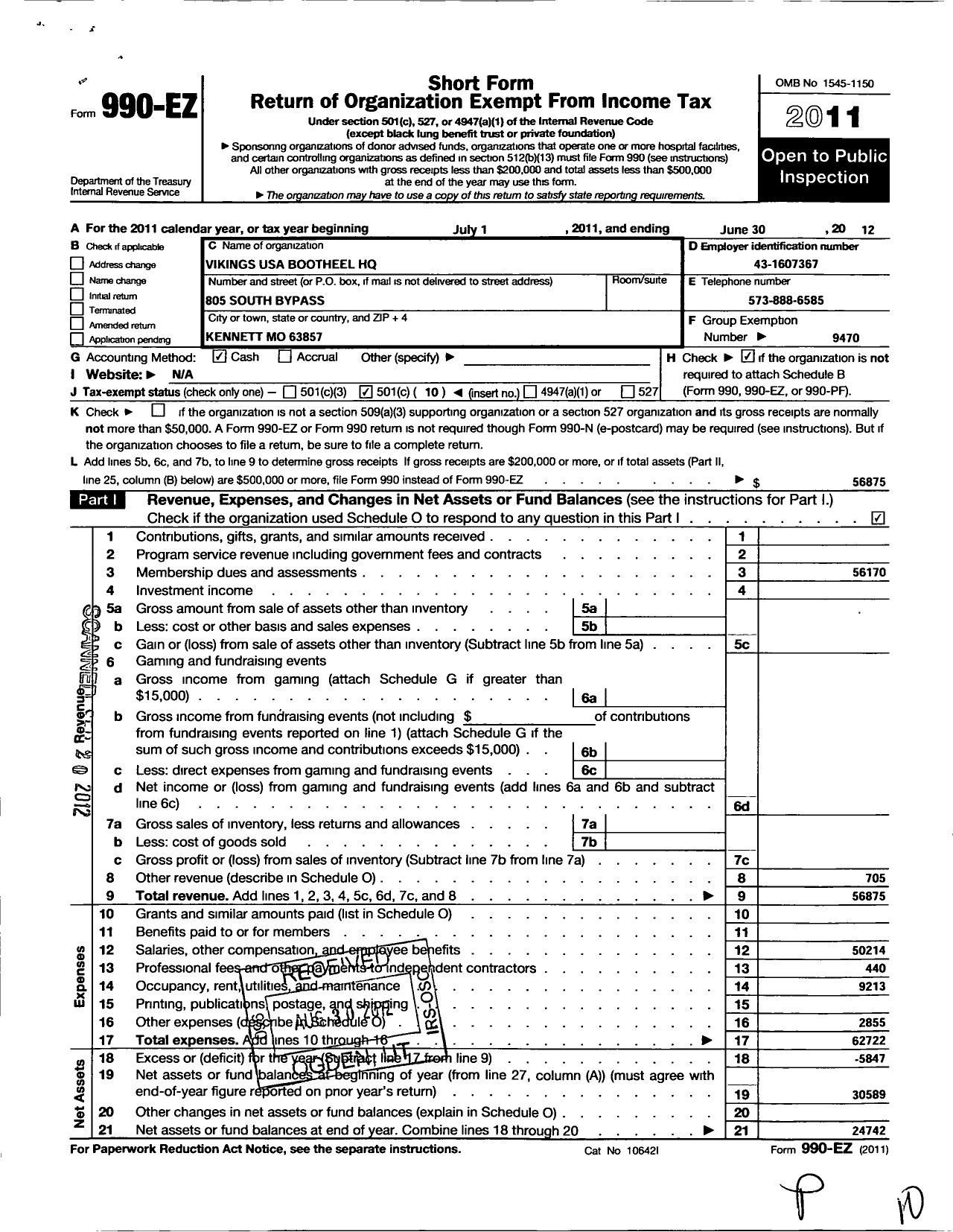 Image of first page of 2011 Form 990EO for Vikings USA Bootheel Mo HQ