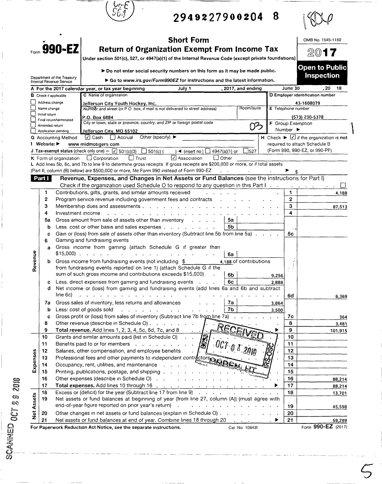 Image of first page of 2017 Form 990EZ for Jefferson City Youth Hockey