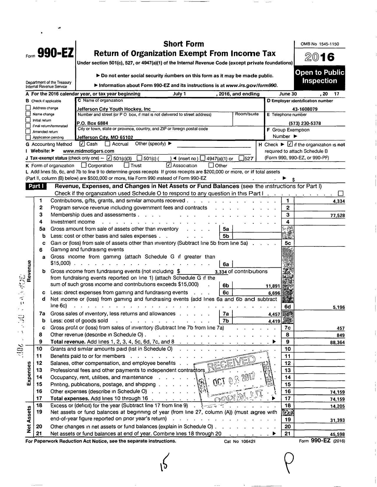 Image of first page of 2016 Form 990EZ for Jefferson City Youth Hockey