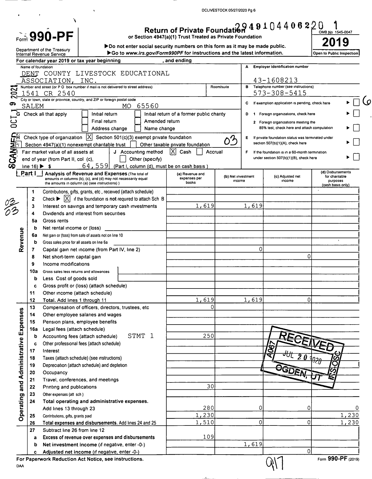 Image of first page of 2019 Form 990PF for Dent County Livestock Educational Association