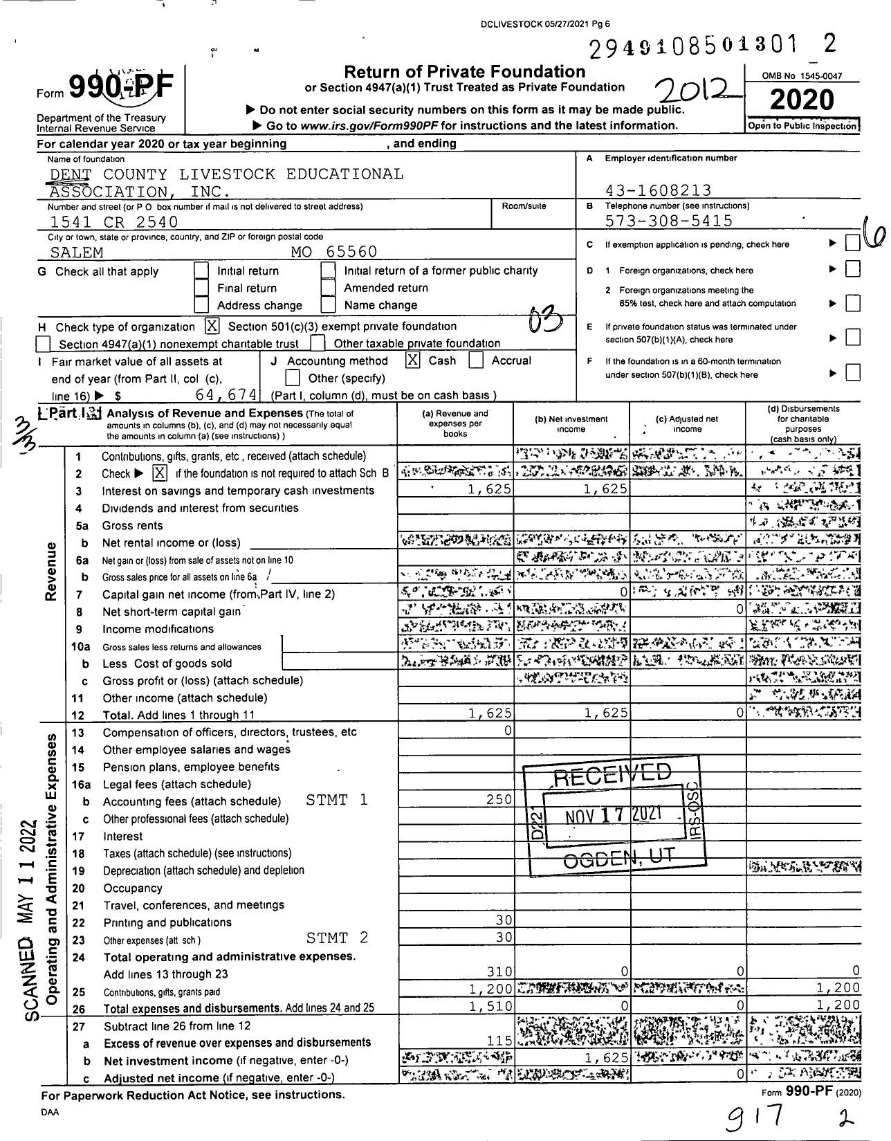 Image of first page of 2020 Form 990PF for Dent County Livestock Educational Association