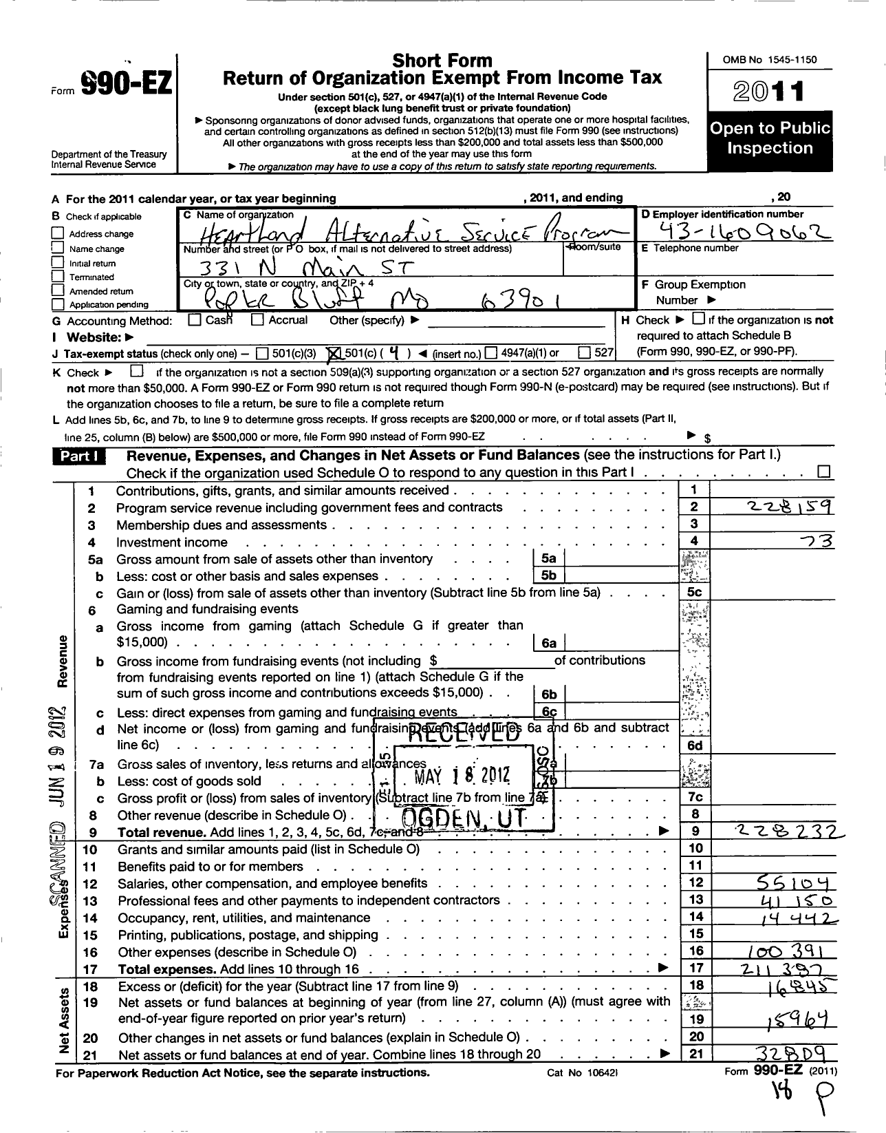 Image of first page of 2011 Form 990EO for Heartland Alternative Service Program