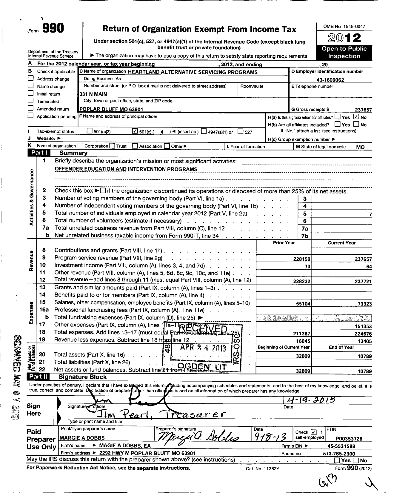 Image of first page of 2012 Form 990O for Heartland Alternative Service Program