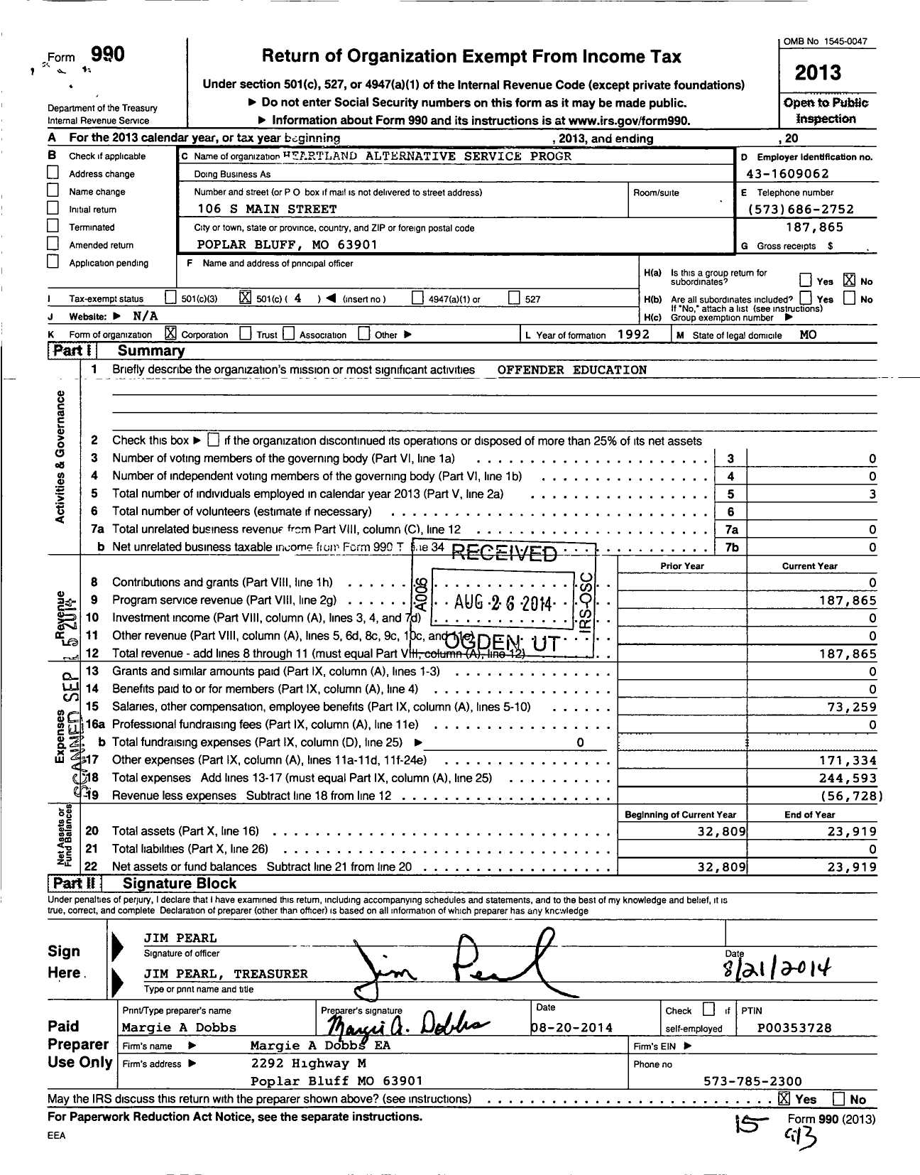 Image of first page of 2013 Form 990O for Heartland Alternative Service Program