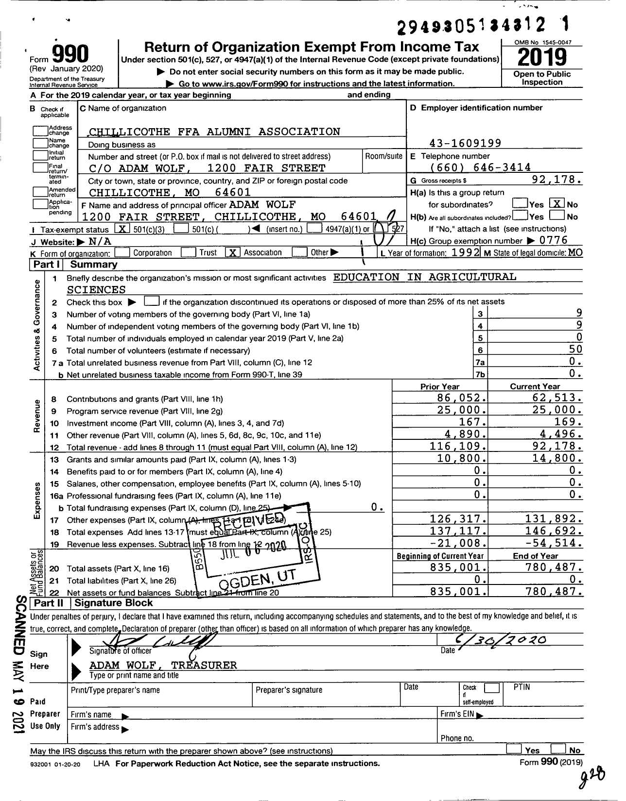 Image of first page of 2019 Form 990 for Future Farmers of America - Mo0043 Grand River Tech Chillicothe