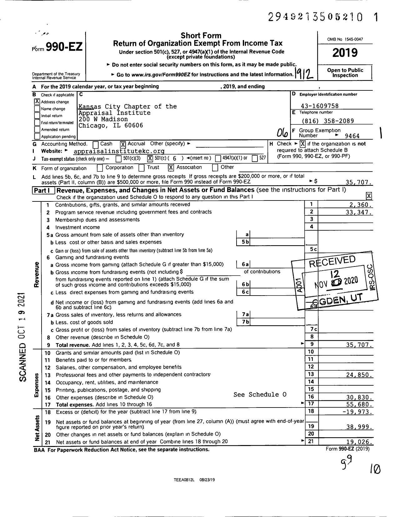 Image of first page of 2019 Form 990EO for Appraisal Institute / Kansas City Chapter