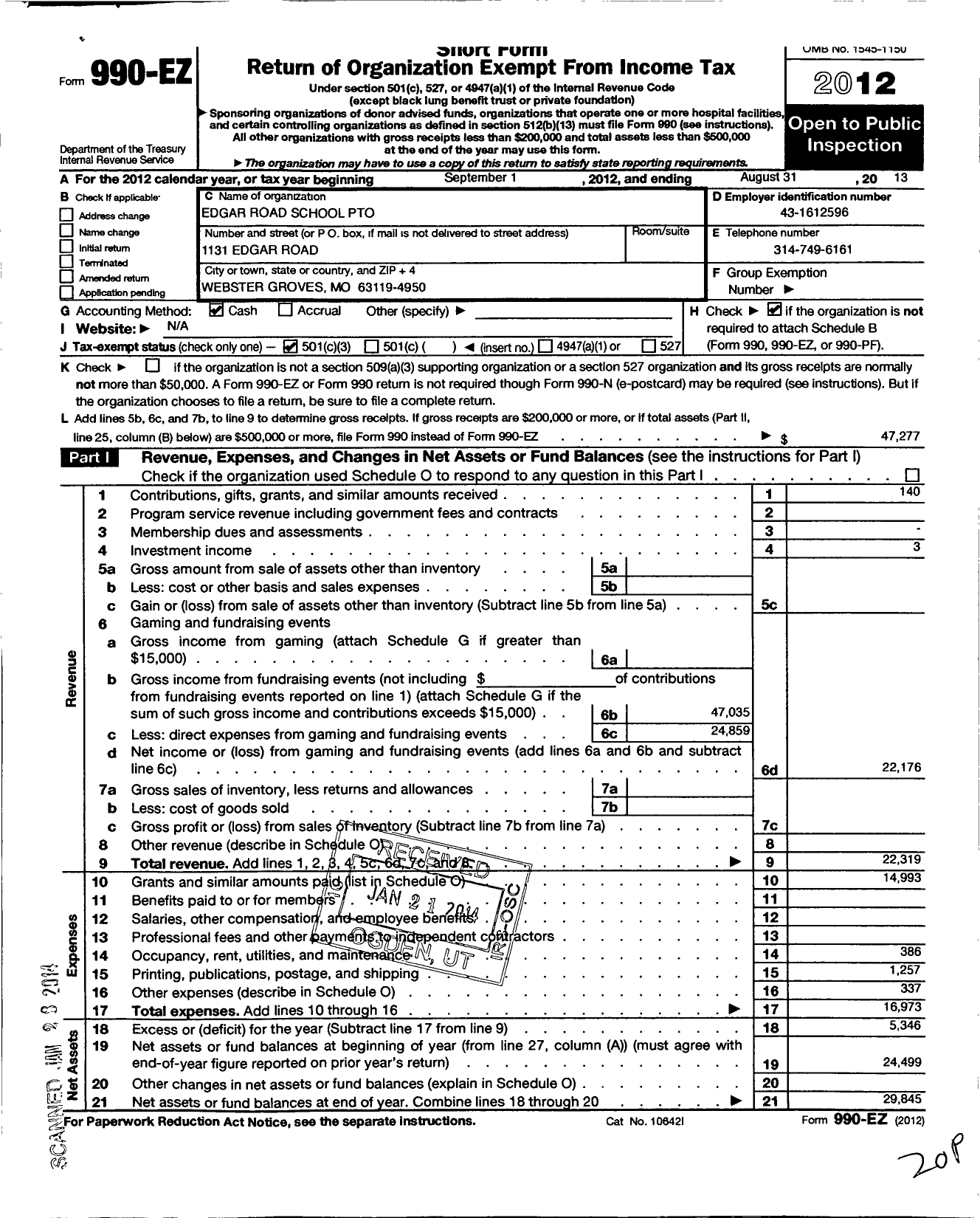 Image of first page of 2012 Form 990EZ for Edgar Road School Pto