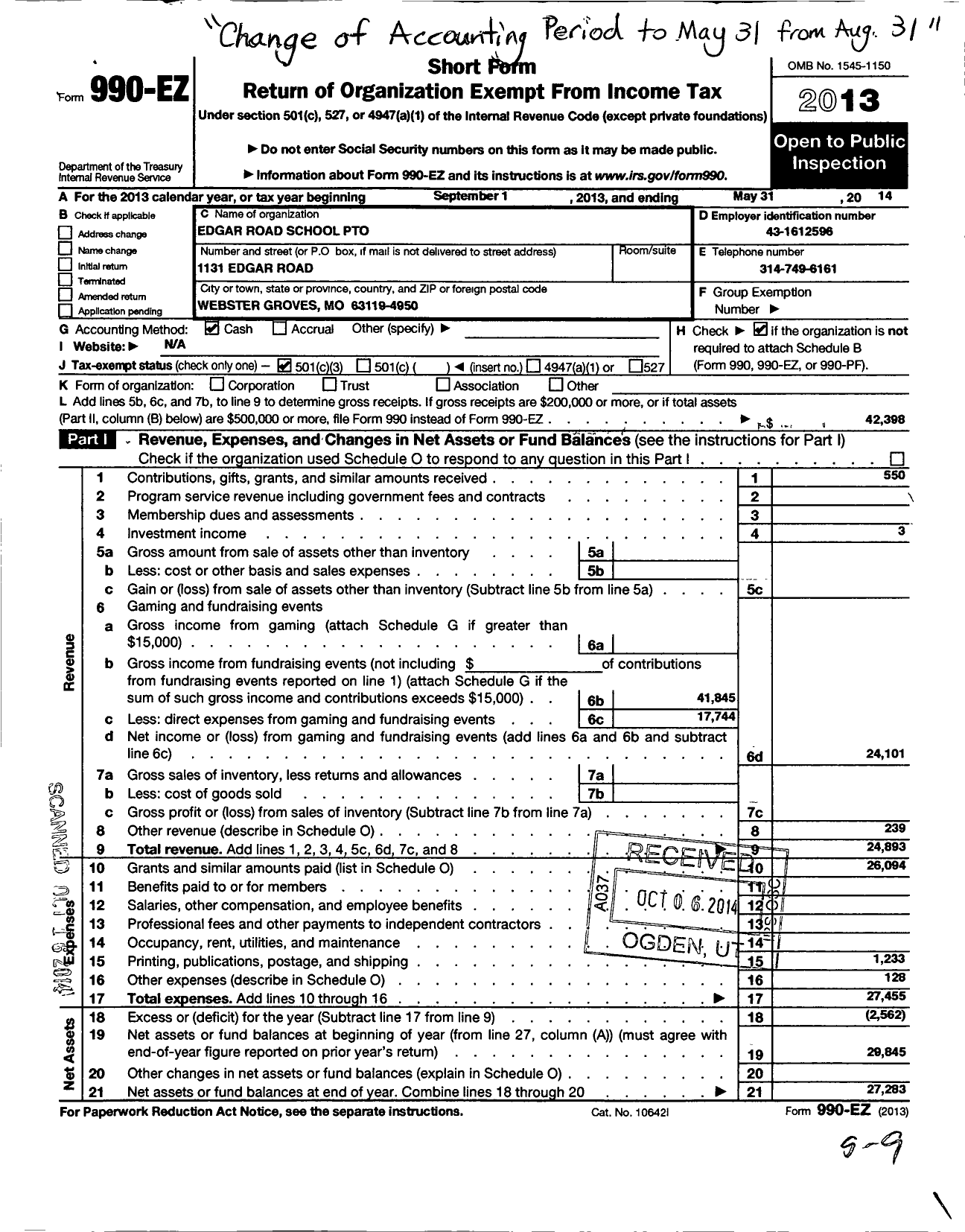 Image of first page of 2013 Form 990EZ for Edgar Road School Pto