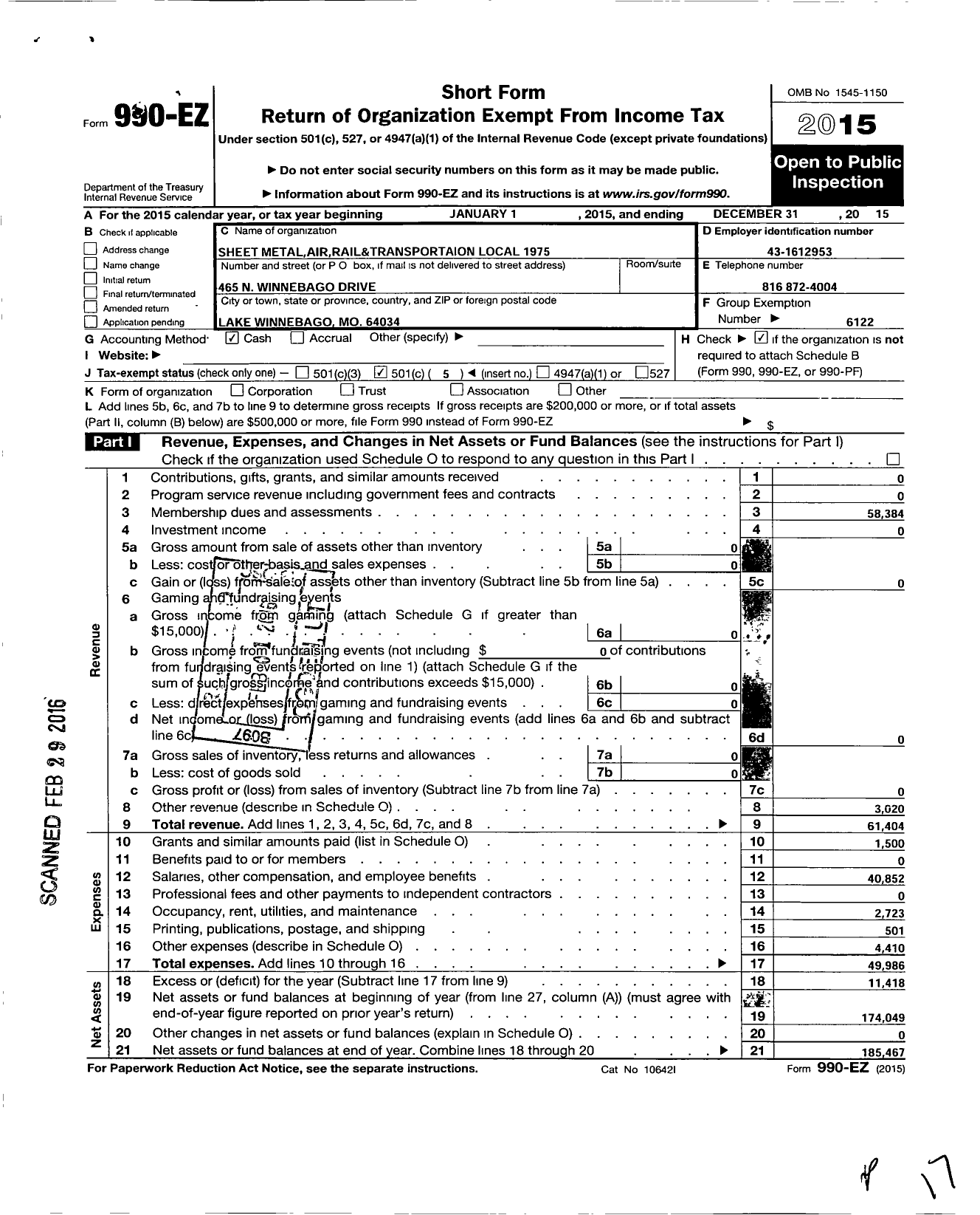 Image of first page of 2015 Form 990EO for Smart Union - 1975 TD