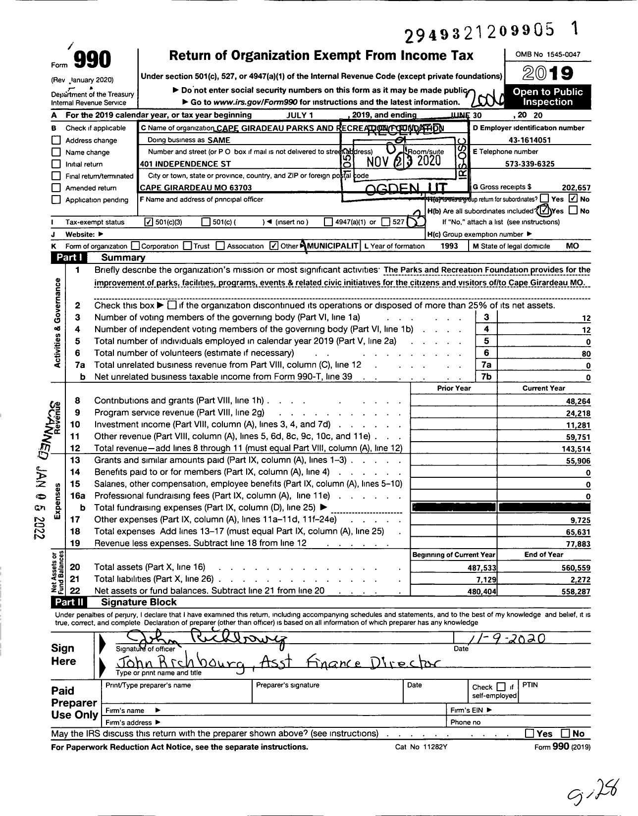 Image of first page of 2019 Form 990 for Cape Girardeau Parks and Recreation Foundation