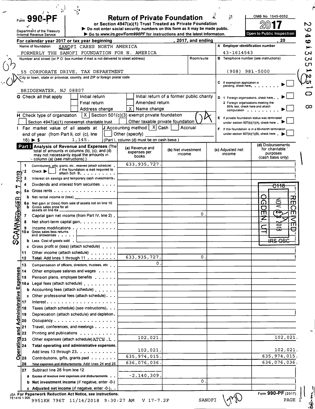 Image of first page of 2017 Form 990PF for Sanofi Cares North America