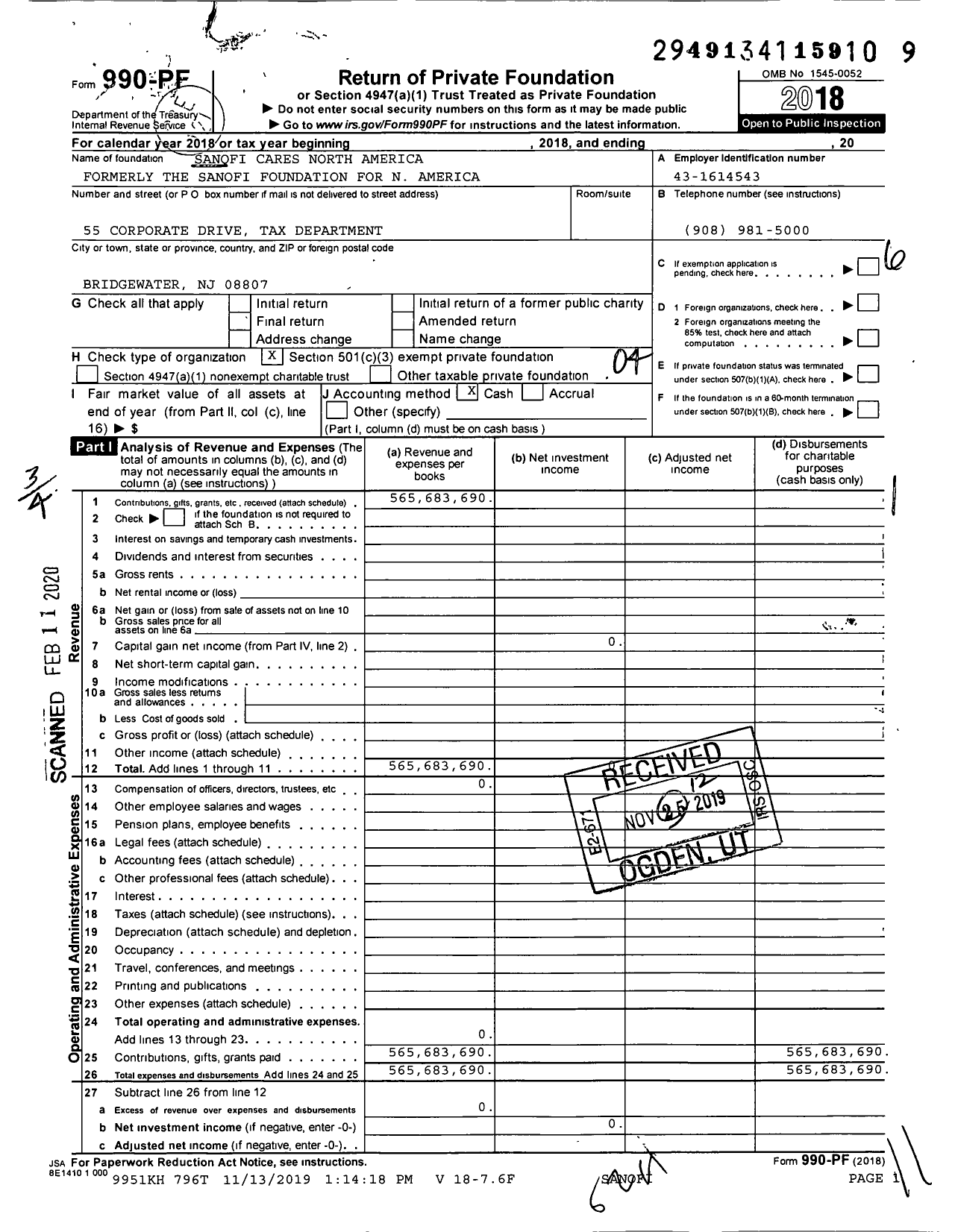 Image of first page of 2018 Form 990PF for Sanofi Cares North America