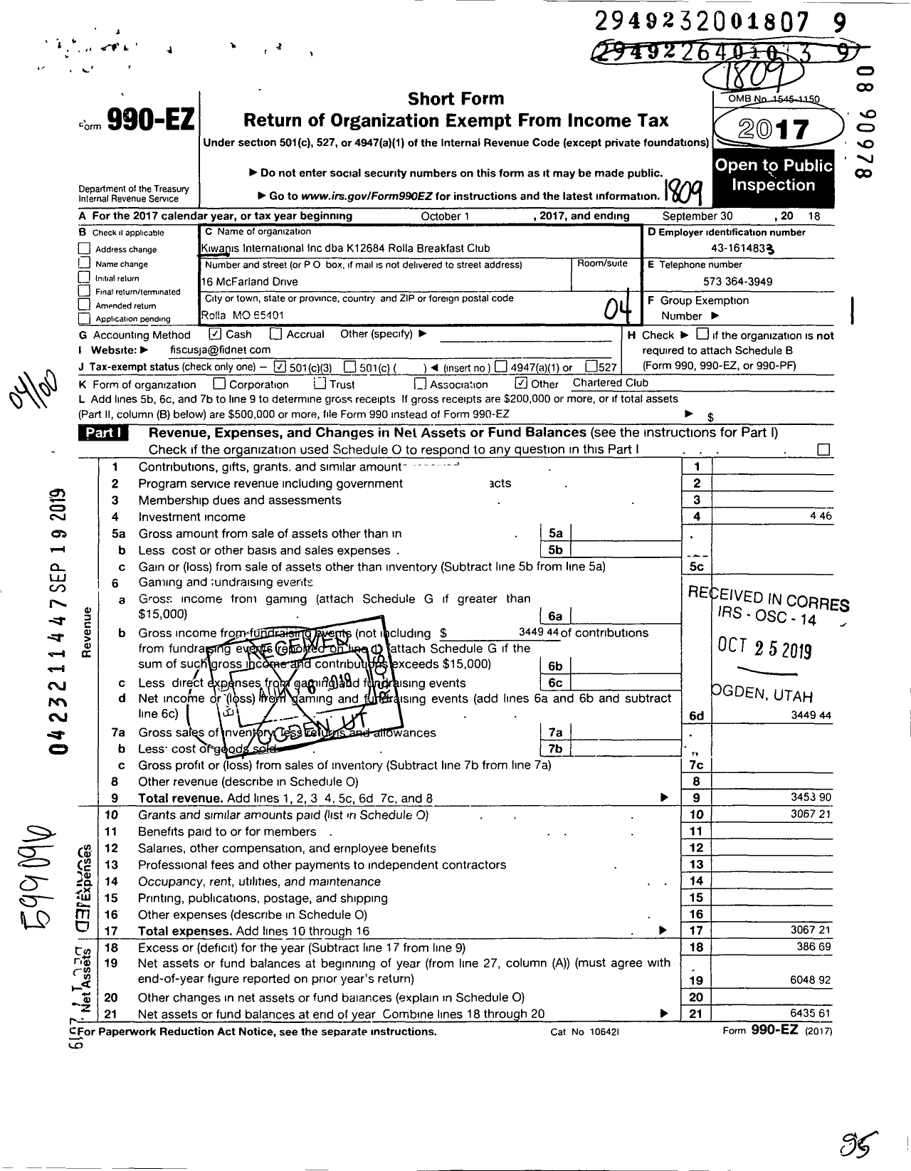 Image of first page of 2017 Form 990EO for Kiwanis International - K12684 Rolla Breakfast Club