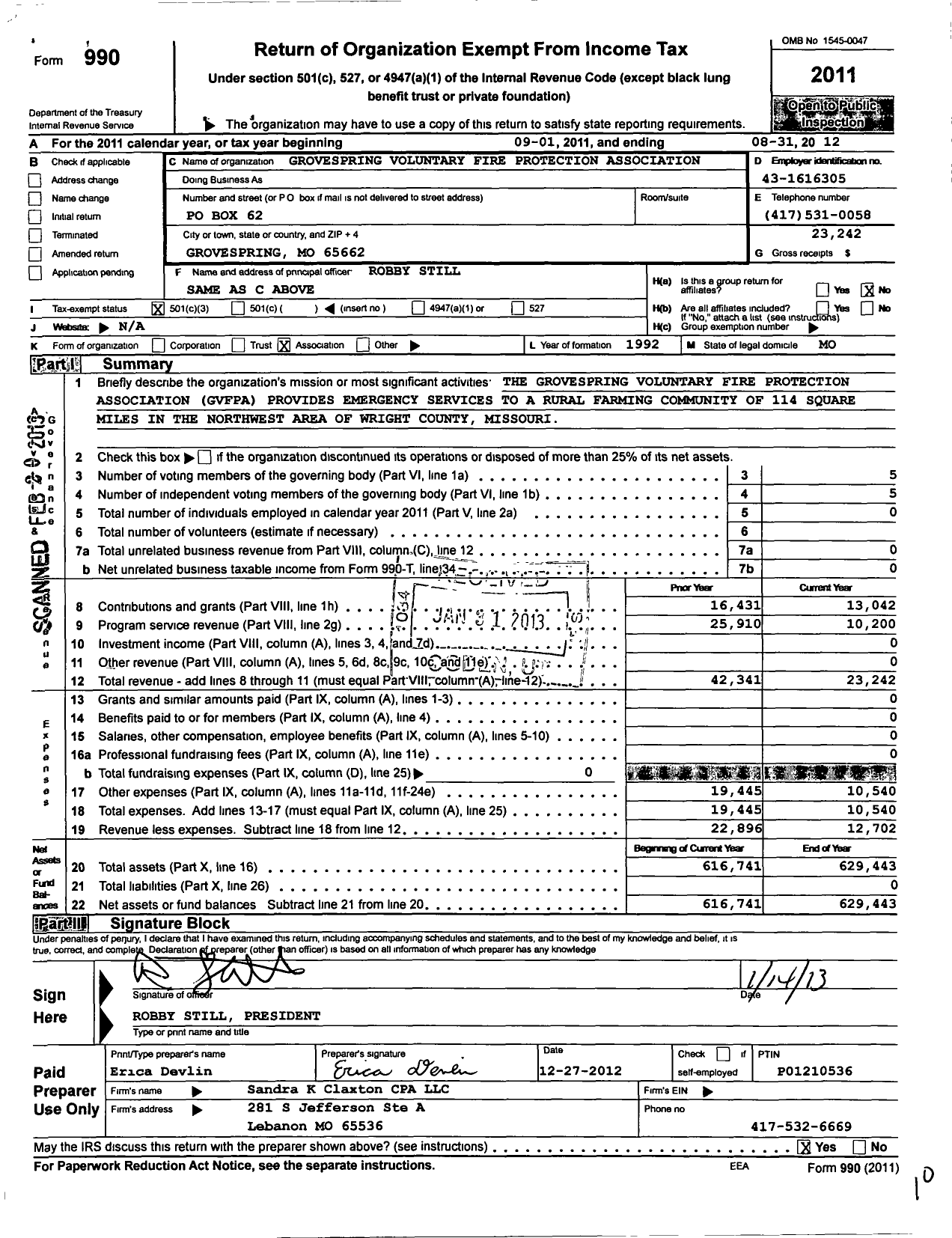 Image of first page of 2011 Form 990 for Grovespring Area Voluntary Fire Protection Association