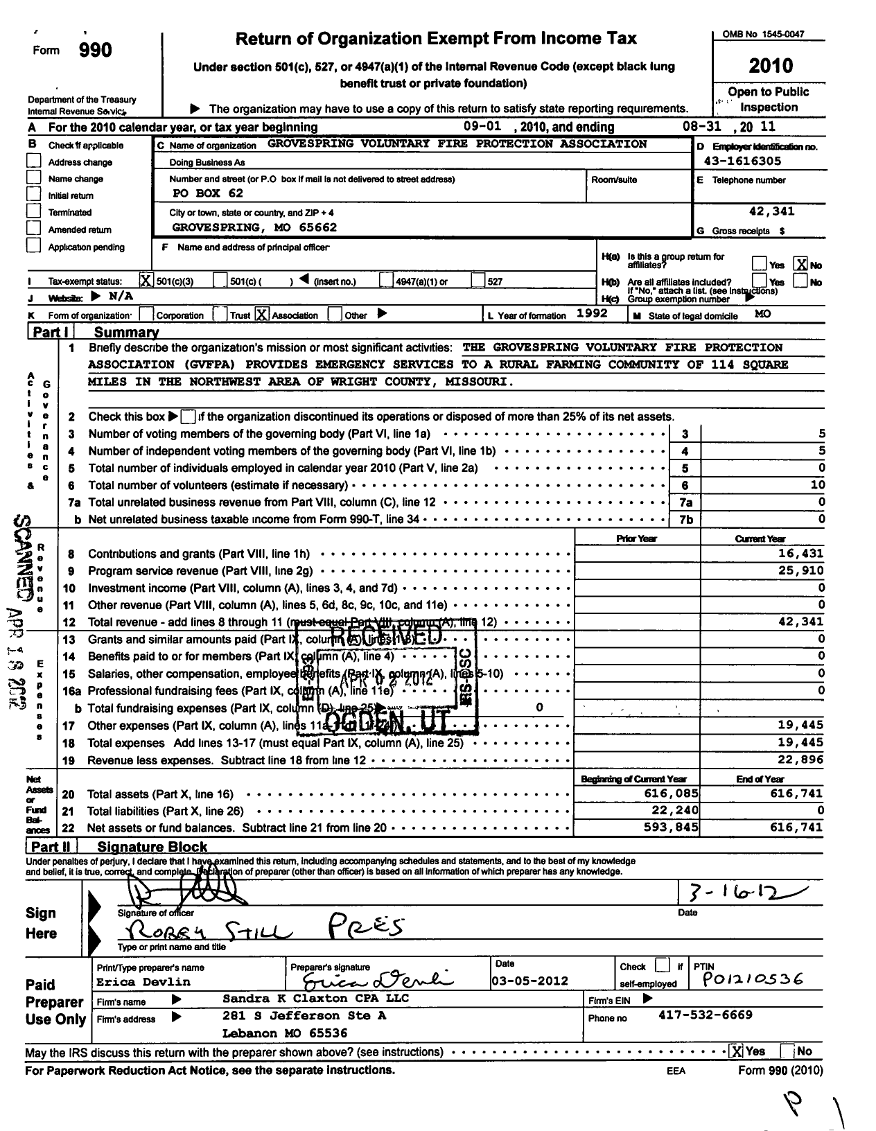 Image of first page of 2010 Form 990 for Grovespring Area Voluntary Fire Protection Association
