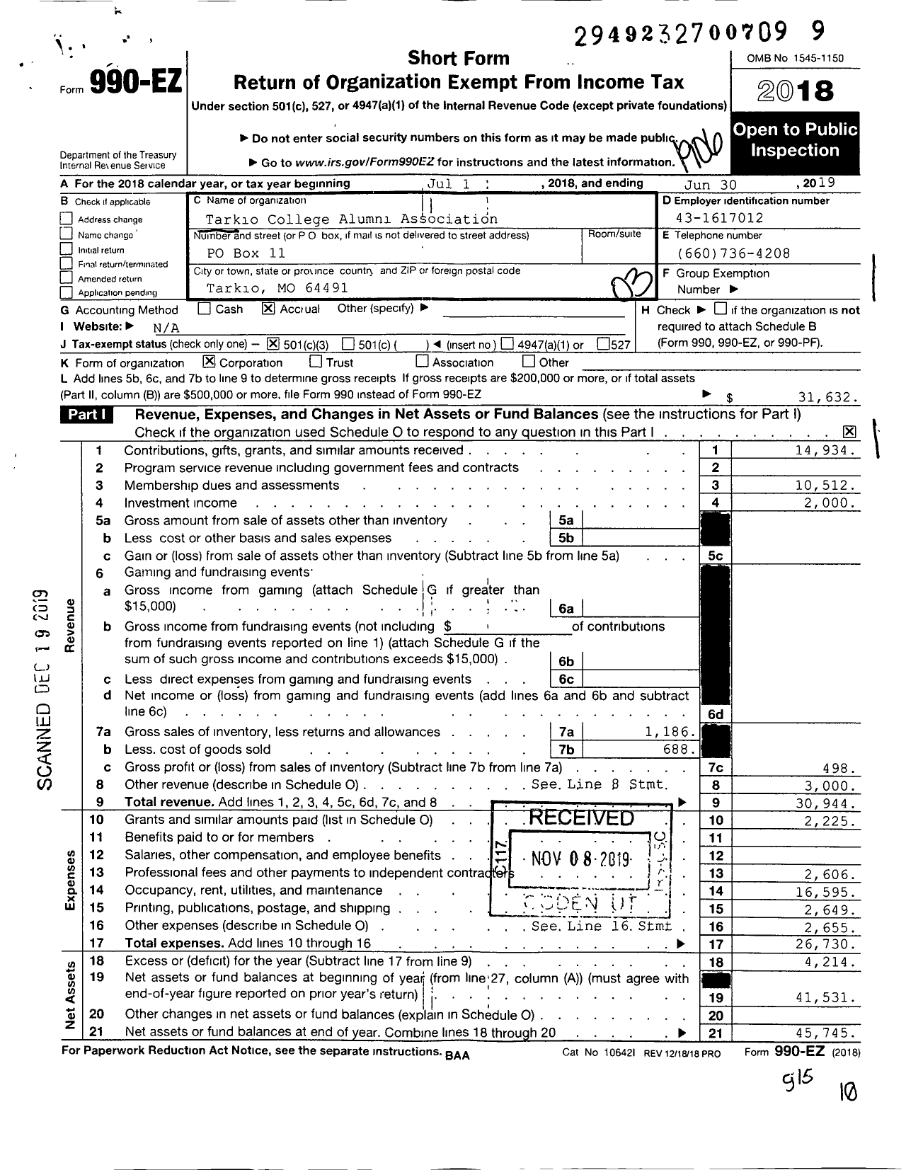 Image of first page of 2018 Form 990EZ for Tarkio College Alumni Association